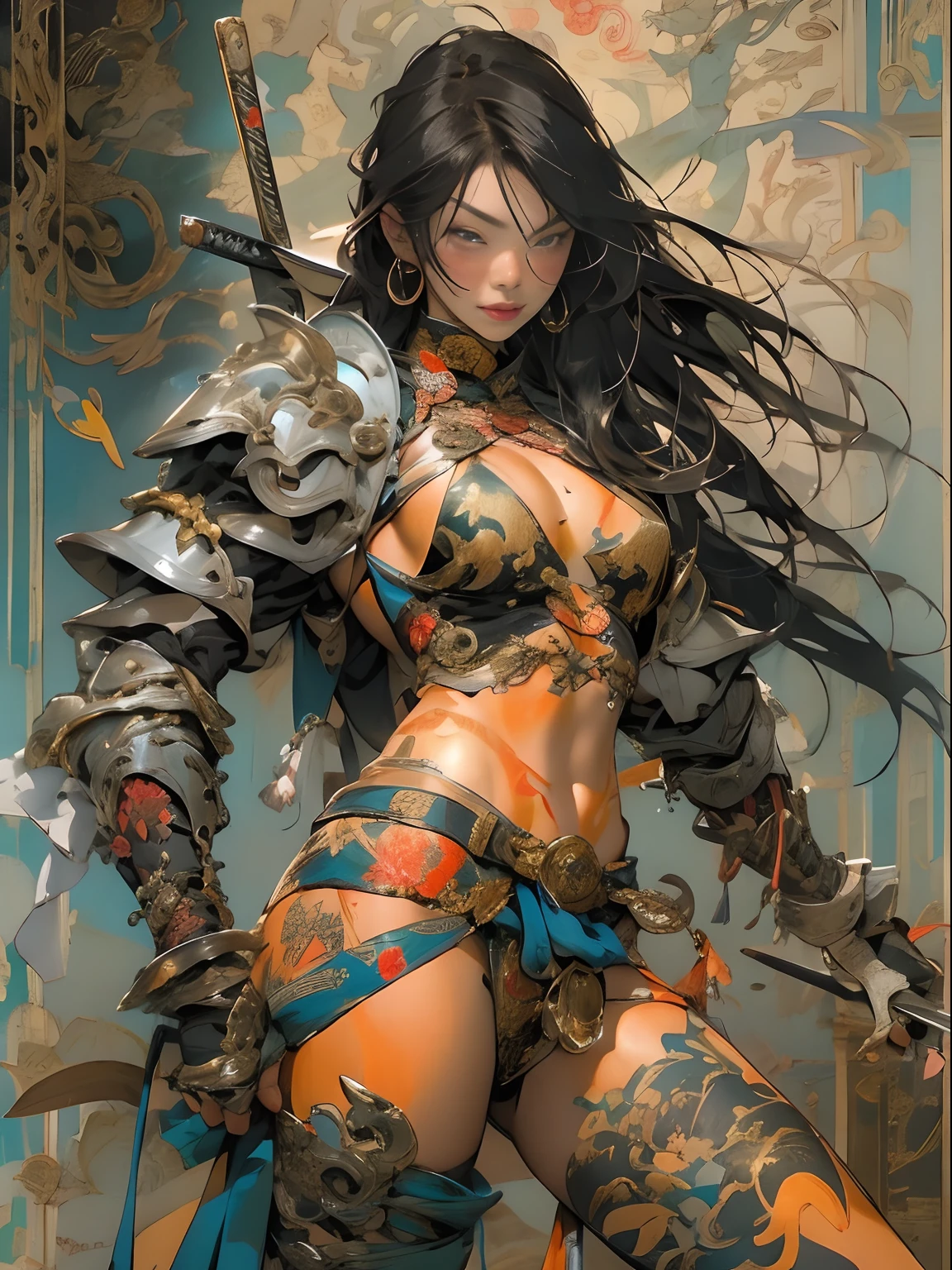 (((woman))), (((best qualityer))), (((tmasterpiece))), (((AS-Adult))),, Look up from your knees, A beautiful asian samurai woman with perfect body, Modern samurai, ((( Asian))), Wear gloves on your hands，The left arm is made of steel and metal tips，Made of protective devices, The eyes are pulled, (( Appears below the breast )), (( Small dental floss )), Simon Bisley, Almost naked（Simon Bisley）Castle City Wilderness，For high-resolution posters, hair straight, Minimum clothing, armure (Crazy clothes ), Full of tips and rivets, tribal tattoos, (((full bodyesbian))), Straight brunette hair，Colored hair ends