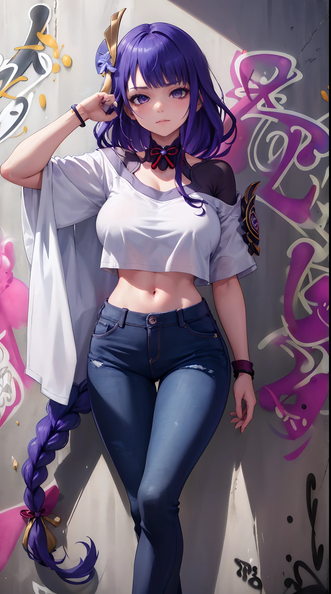 Raiden Shogun Genshin Effects Effects, master-piece, bestquality, 1girls, bara, crop top, Long Jean Jan Shirt, shorts jeans, choker, (Graffiti:1.5), color splashes, arm behind back, against wall, looking at the audience, bracelet, Thigh strap, Head tilt, bored, multicolored hair, water eyes, headset,