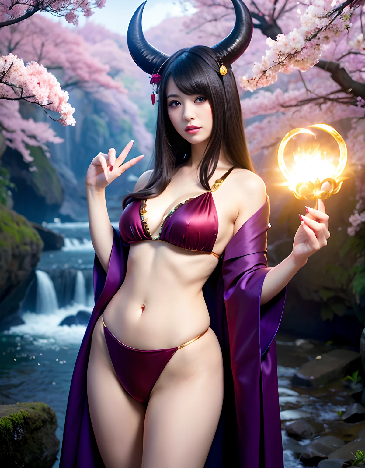 ((World of Darkness)),Professional , ​masterpiece、top-quality、photos realistic , depth of fields 、（sexypose）、(Background of cherry blossoms in full bloom),（Ultimate Beauty）、A dark-haired、（White bikini armor)、（Kimono with beautiful pattern）、（Night background）、（（a dark night））,(Wear a beautiful kimono),（Wear a beautiful kimono with colorful floral patterns）、Jewel Gold Weapon、Particles of light),（Has a devil's mask）、Gorgeous gold weapons ,（（ Gorgeous Dragon Sword）） , （a dark night）,,（maikurobikini） 、（（Black Haired Beautiful Girl））、（Castle background）、（demonic wings）、（（Gangle's forest background））、Beautiful Caucasian beauty、１a person、dynamic ungle,(((Two devil's horns on the head)))、Smaller head、Idle Smile、Thin and beautiful female hands、Mystical expression、Light Effects、intense fighting、Wind-effect、magic circles、With the legendary magic wand、Dragon's tail、Anatomically correct fingers、