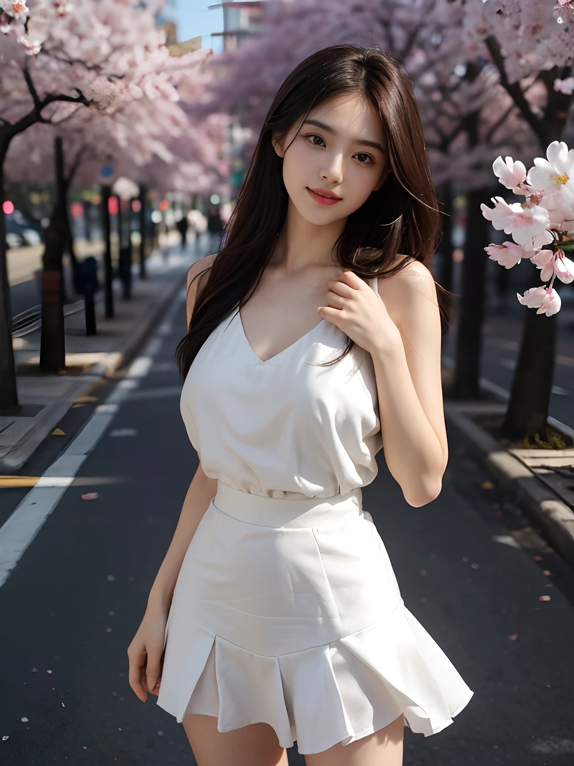 best qualtiy,tmasterpiece,超高分辨率,(真实感:1.4),RAW photogr,1girll,long whitr hair,Face Highlighting,Pure,Girly,Flushing,18yr old,18-year-old smiling female classmate,Pure,Innocent,(best qualtiy,8K,tmasterpiece:1.3),Goose egg face,largeeyes,long eyelasher,Exquisite(live-action realistic style),Star-like eyes,Ultimate face,Photorealistic light and shadow,Clear facial features,Milky white skin,Fair skin, highdetailskin, Realistic skin details, Visible Pore,(Super detail),(perfect bodies:1.1),long whitr hair,(dynamicposes),((Dynamic background((volumettic light:1.3)),huge tit,Sakura blossoms,Short skirt that wraps around the hips,liberta,Dashing,long leges,Shunguang,Street photography