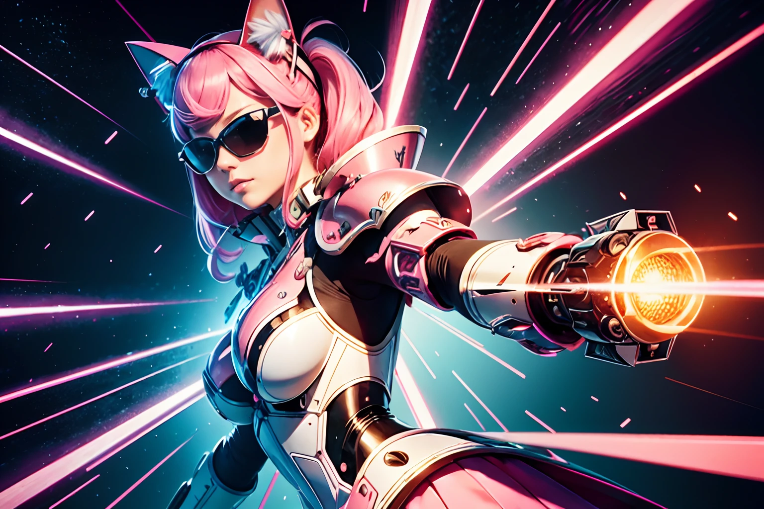 graphic novel illustration, cat type mecha, pink hair ribbon type speaker, mechanical samurai armor with digital clock and skirt type blade, air skater, mechanical arm, long diamond claws, sunglasses type radar, (claw pose:1.3), jet, come on, intricate details and unique style. meticulously detailed, detailing oil painting of illustration, high quality, crisp and sharp resolution. professional level of detail and precision. stunningly beautiful visual quality. exquisite high-definition drawing, white, baby pink, pink, red, black,