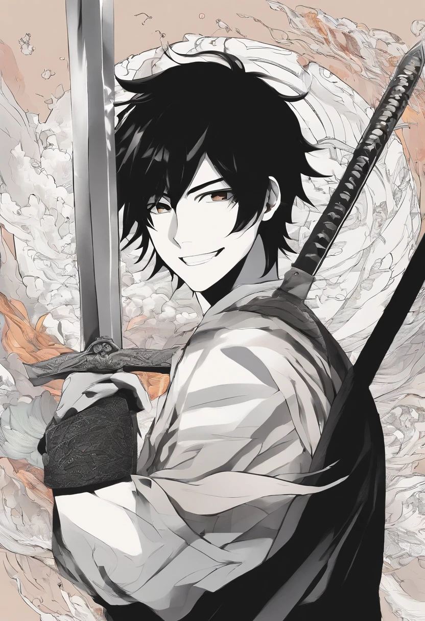 A guy with shoulder-length black hair, A big smile, pointed teeth, scar on his left eye, short t-shirt, Heavy sword at the ready