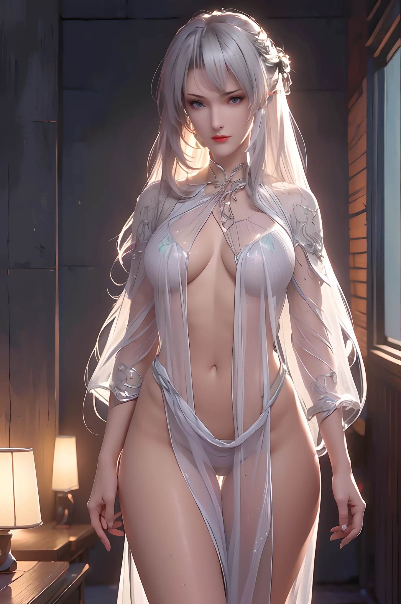 ((Masterpiece)), ((Best quality)), ((A high resolution)), ((Detailed background)), ((Extremely detailed Cg Unity 8K wallpaper)),((Naked, Sheer clothes，Pubic hair,see-through body)), （Raised ，Bigchest，A sexy pose：1.4）, Salt name, White hair, Long hair tied up, Blue eyes, Red lips,Women's office clothes,Extremely detailed CG unified 8K wallpaper, Highly detailed, High-definition RAW color photo, professional photoshooting, Realistic portrait