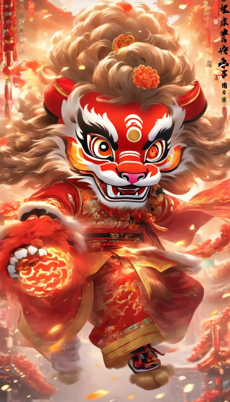 Cantonese traditional culture, China,1girll,lion dance,Awaken the lion,characteristic,The facial features are delicate and beautiful,The black and red lion head is worn on the head,Dance with a lion's head in both hands,jubilation,