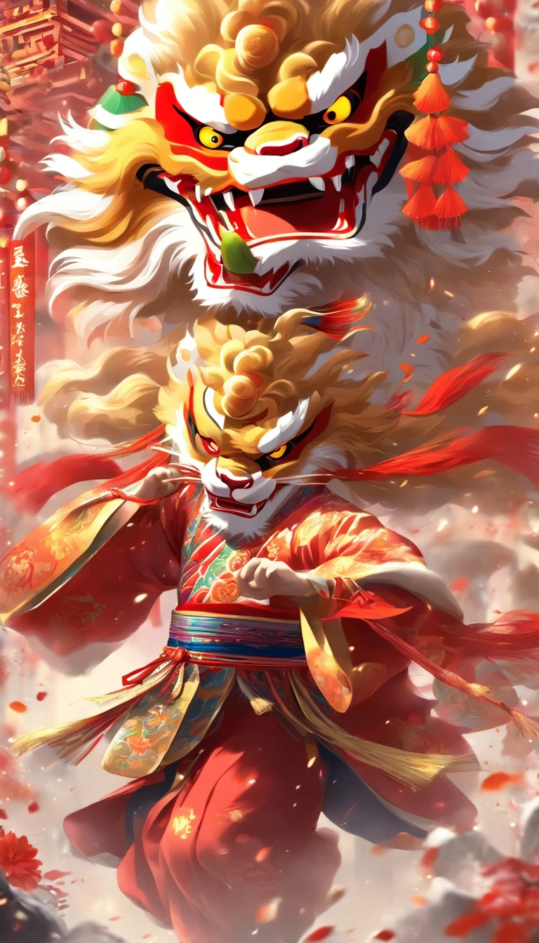 Cantonese traditional culture, China，1girll，lion dance，Awaken the lion，characteristic，The facial features are delicate and beautiful，The black and red lion head is worn on the head，Dance with a lion's head in both hands，jubilation，