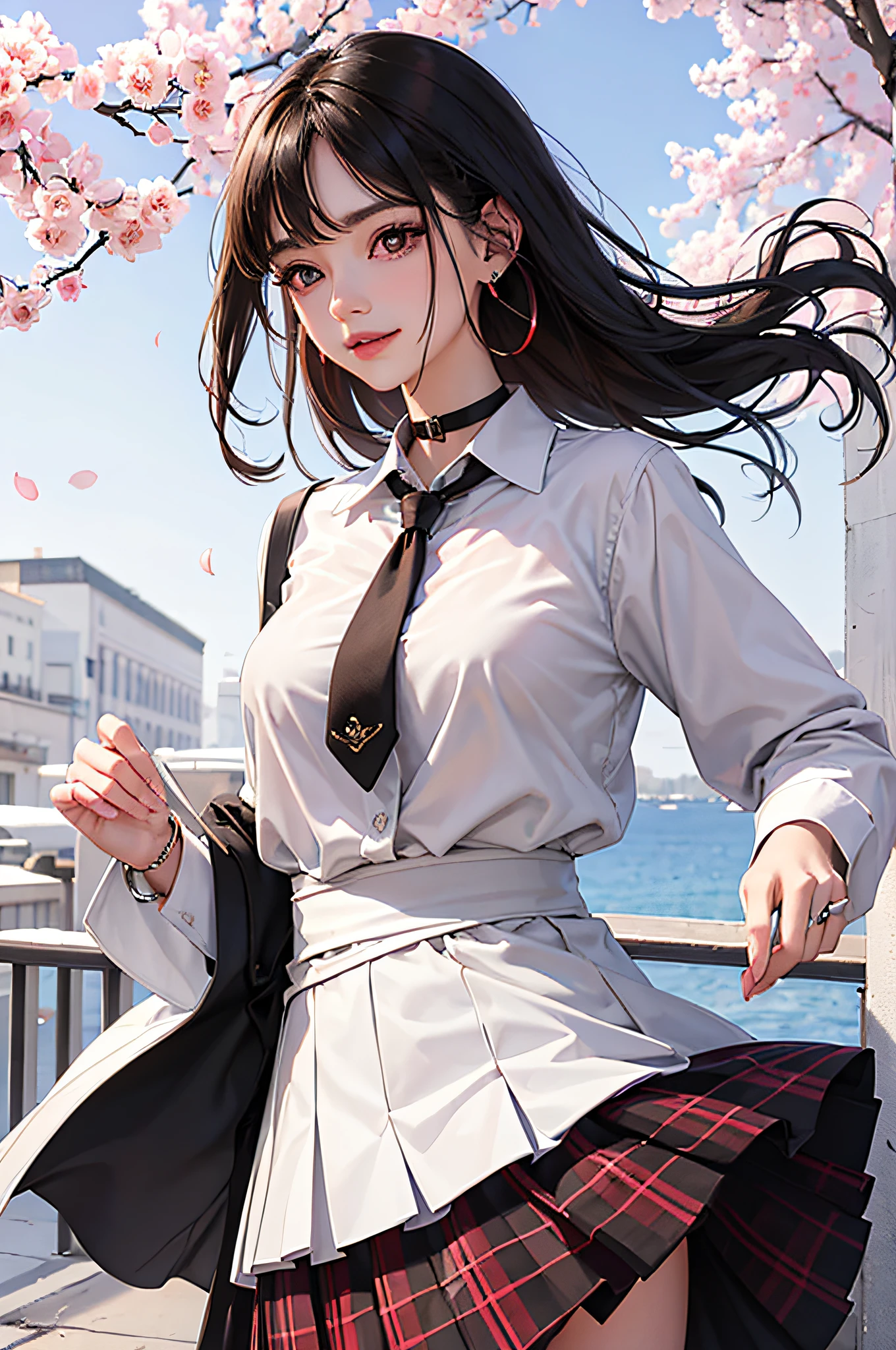 masterpiece, top-quality, full body Esbian, 1girl in, bangss, Black Choker, Black tie, Brown-haired hair, a blue skirt, red blush, A bracelet, breastsout, a choker, Clothing around the waist, 鎖骨, shirt with collar, cowboy shot, dress shirts, ear piercings, eyebrows visible through hair, gradation hair, Grinning, gals, jewely, Kogal, shorth hair, looking at the viewers, Loose tie, neck tie, piercings, Plaid, plaid skirts, pleatedskirt, red eyes, the ring, 校服, The shirt, skirt by the, A smile, 独奏, white shirt, a street, Skysky, cherry trees, flower petals,diagrams, (magazine:1.3), (cover-style:1.3), Fashionable, femele, with a vibrant, outfits, the pose, the front, Colorful, Dynamic, Background with, element, self-assured, expresive, ngel, statement, accessorized, An majestic, coil, surroundings, Touch, The scene, Texto, covers, It's bold, captures the attention,Stylish, Font, It's catchy, headline, The large, Impressive, moderno, Trendy, Focus, lo fashion,