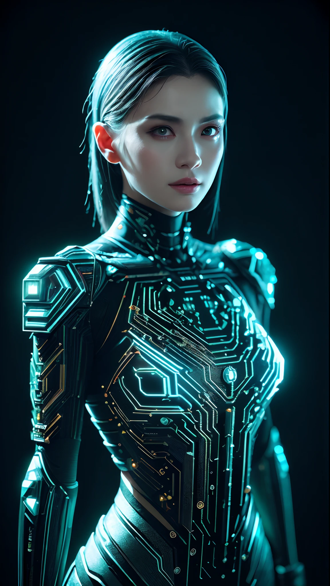 ((top-quality)), ((​masterpiece)), (detaileds:1.4), 3D, Beautiful Cyberpunk Woman Image,HDR(HighDynamicRange),Ray traching,NVIDIA RTX,Hyper-Resolution,Unreal 5,sub-surface Scattering,PBR Texturing,Postprocess,Anisotropy Filtering,depth of fields,Maximum clarity and sharpness,multi-layer texture,Albedo and specular maps,Surface Shading,Accurate simulation of light-material interactions,perfectly proportions,Octane Rendering,Two-tone lighting,Wide aperture,Low ISO,White Balance,thirds rule,8K RAW,Circuit Board AI,Silver Body、Metallic body