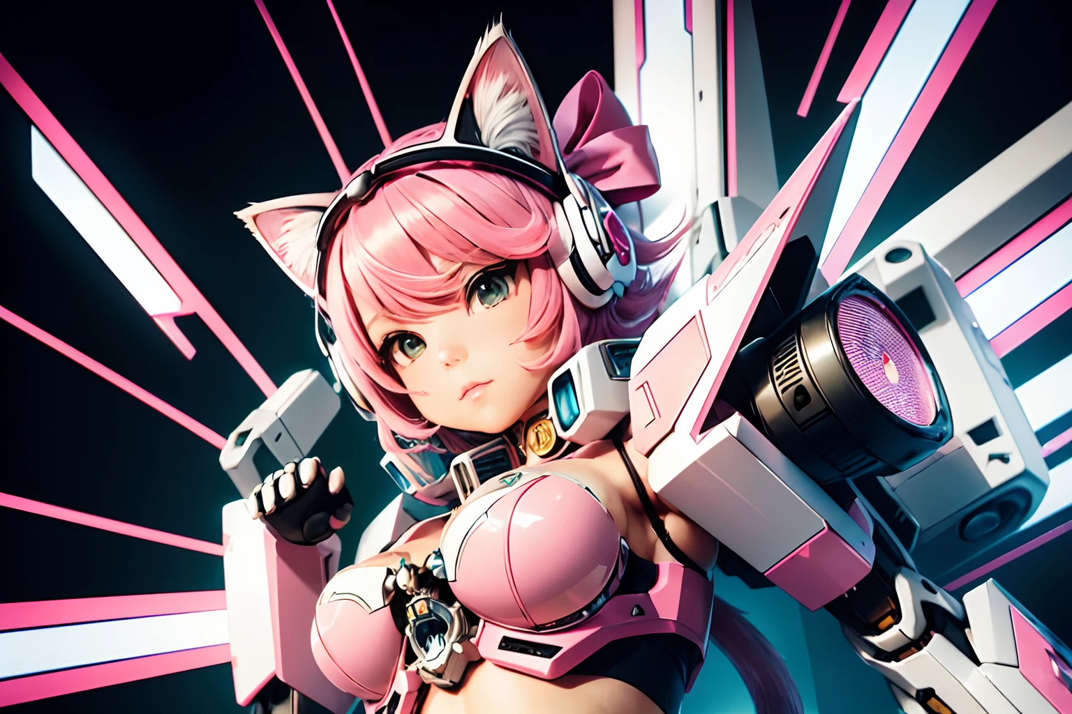 ((best quality)), ((masterpiece)), (detailed), perfect face. White hair. Short hair. Anime girl. Pink eyes. Nekomimi. Mecha. Spread legs.