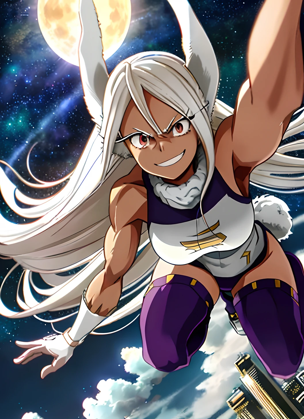 [Miruko; Boku no hiro academia], ((masterpiece)), ((solo portrait)), ((High definition)), ((anime)), ((Kohei Horikoshi)), ((detailed shading)), ((beautiful render art)),((cinematic lighting)), {Miruko; (dark skin), maroon eyes, long white hair, long white bunny ears, small fluffy white bunny tail, large boobs), (hero costume), (fluffy collar), (purple thigh-highs), white bracers, (smug smile), (athletic body), (muscular legs), (defined arm muscles)}, {(dynamic pose), (on top of skyscraper), (looking at viewer)}, [Background; (starry sky), (full moon), (skyscrapers)]