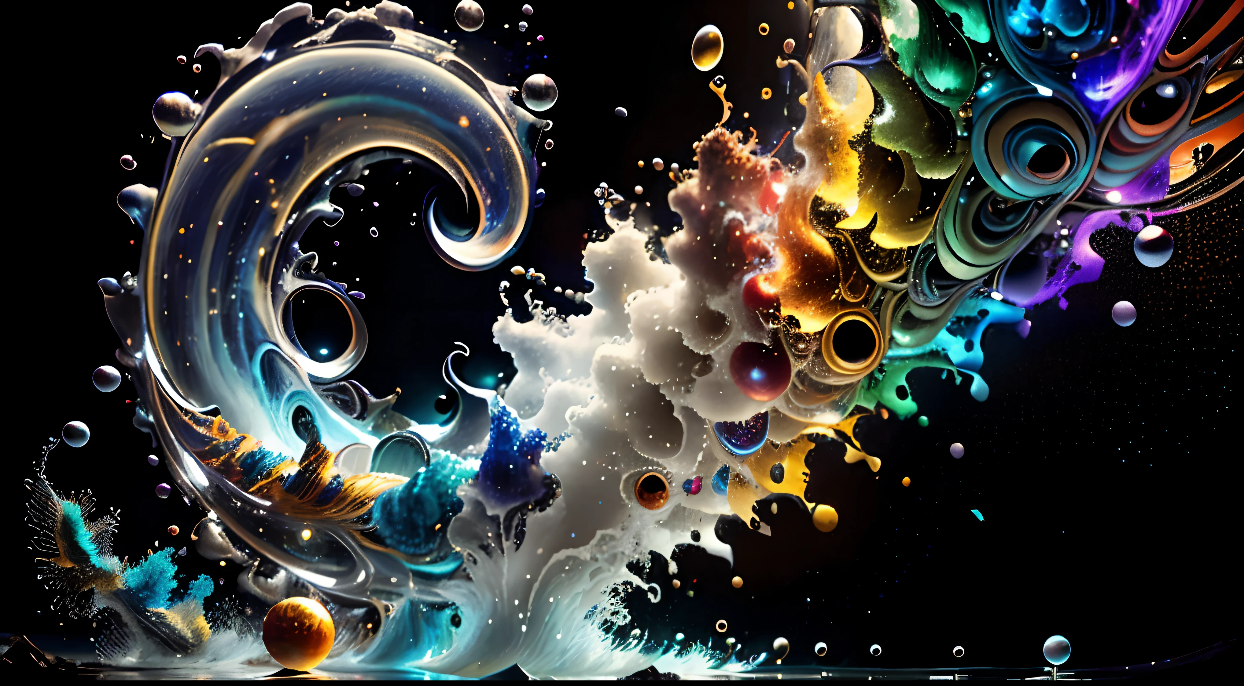 Obra de Arte abstracto multicolor en movimiento.Arte de Alberto Severo. Un primer plano de chorros y corrientes de metales preciosos fundidos que chocan entre si y forman , inmensas cantdades de gotas multicolores y chorros metalicos de oro, plata, cobre mercurio, que burbujean ,explotan ,remolinean y fluyen y ocupan todo el espacio, nubes de fluidos de colores metalicos dorados, plateados, cobrizos brillantes y tornasolados,burbujas tornasoladas, ,remolinos de gotas tornasoladas que giran y escapan.Crea una fascinante obra de arte abstracta con un enfoque en la fluidez y el movimiento. Utilice una paleta de colores rica y diversa, Blend tones seamlessly to evoke a sense of continuous movement, Background of psychedelic fuids in motion. Arte de los fluidos en movimiento