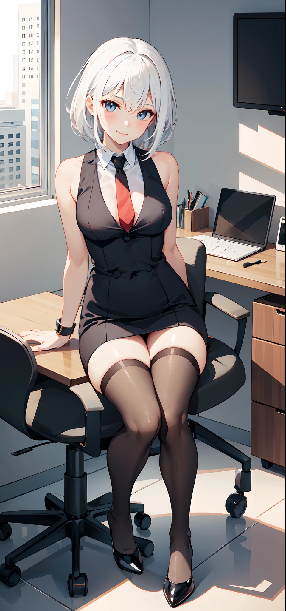 1girl, white hair, seductive smile, medium breasts, black thigh highs, neck tie, secretary dress, sleeveless, office room, sitting on chair, full body