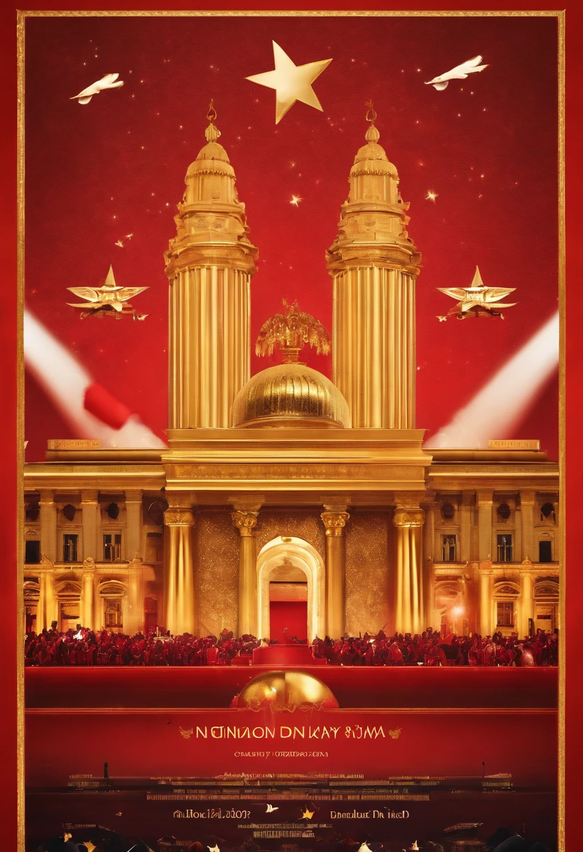 National Day poster，fundo vermelho，Small elements of golden music，The picture is simple，atmospurate，high high quality