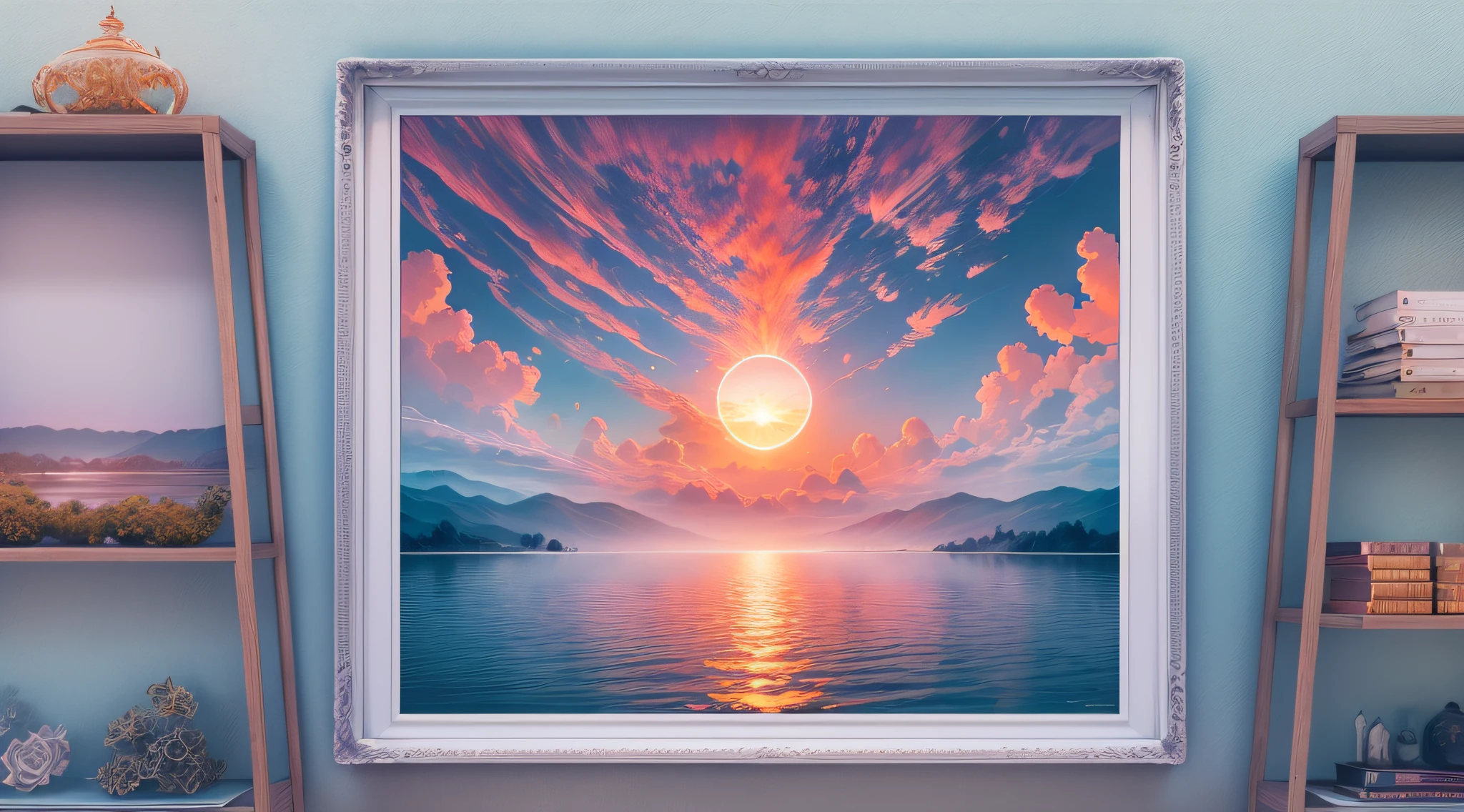 horizon ,sunrise, fire painting,transparent blue lake，pink coral,symmetric wide vision,bset quality