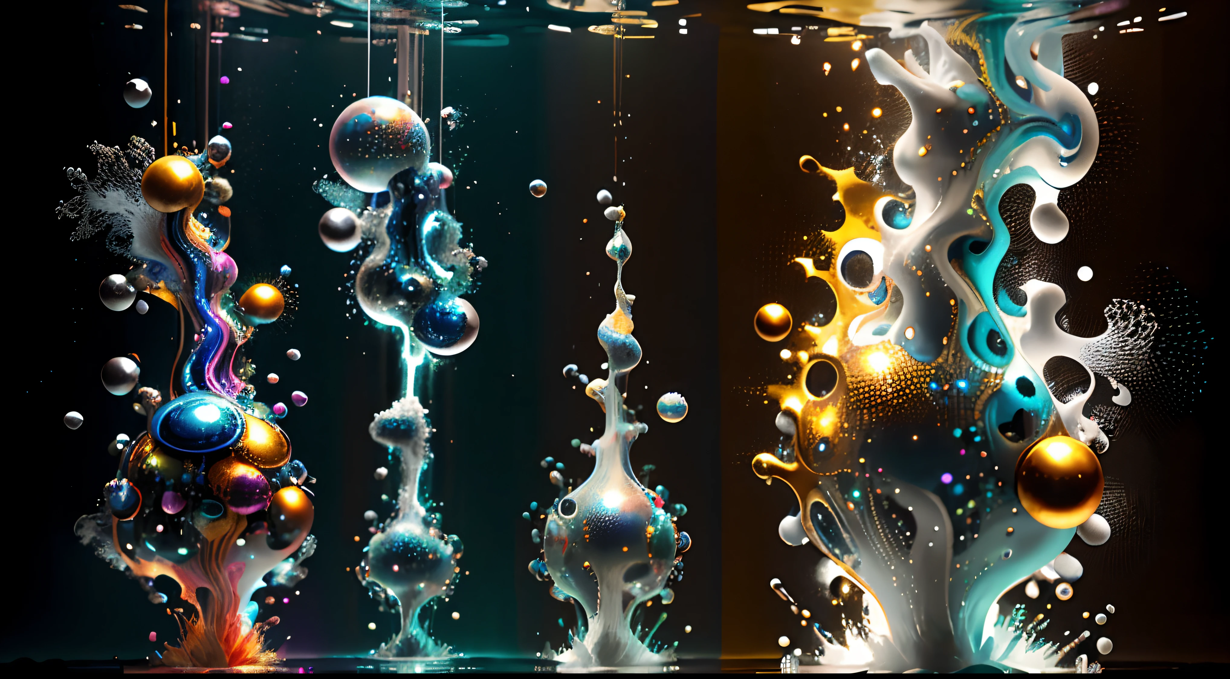 Obra de Arte abstracto multicolor en movimiento.Arte de Alberto Severo. Un primer plano de chorros y corrientes de metales preciosos fundidos que chocan entre si y forman , inmensas cantdades de gotas multicolores y chorros metalicos de oro, plata, cobre mercurio, que burbujean ,explotan ,remolinean y fluyen y ocupan todo el espacio, nubes de fluidos de colores metalicos dorados, plateados, cobrizos brillantes y tornasolados,burbujas tornasoladas, ,remolinos de gotas tornasoladas que giran y escapan.Crea una fascinante obra de arte abstracta con un enfoque en la fluidez y el movimiento. Utilice una paleta de colores rica y diversa, Blend tones seamlessly to evoke a sense of continuous movement, Background of psychedelic fuids in motion. Arte de los fluidos en movimiento