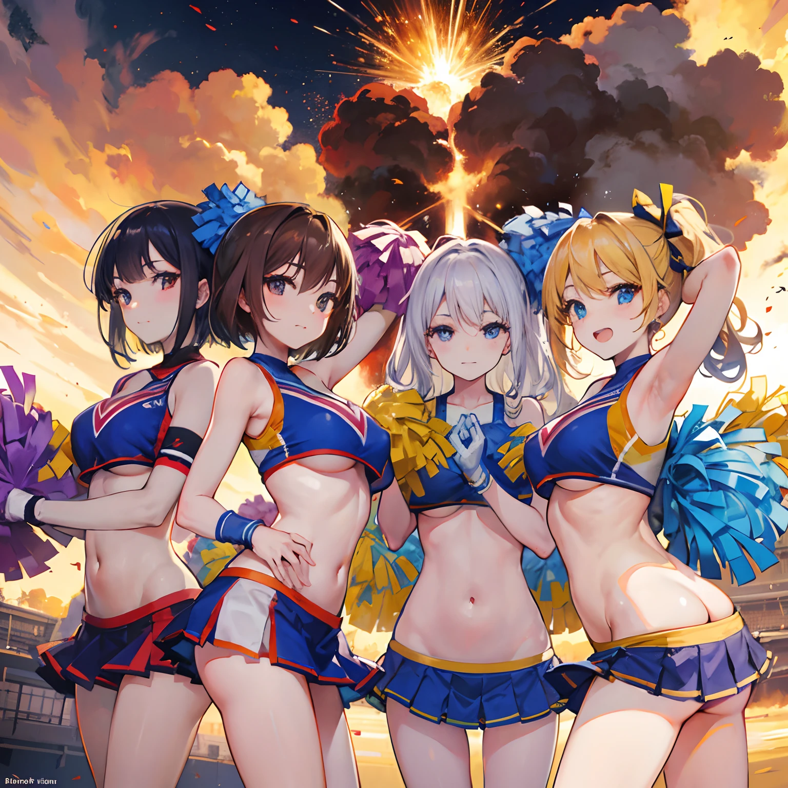 Cheerleaders, 5 people, squadron, posing side by side, a huge explosion behind them.