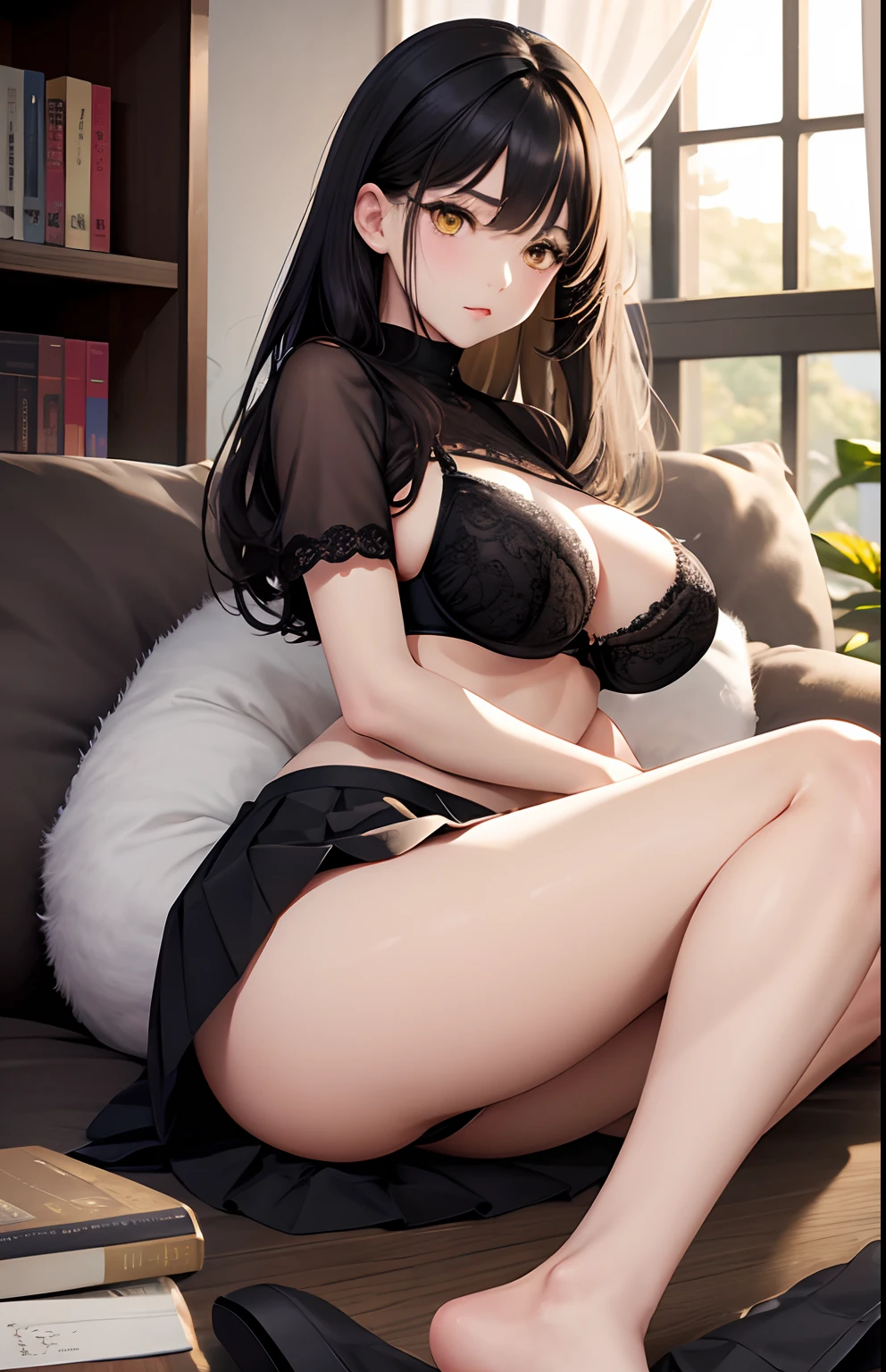 ​masterpiece, top-quality, 1girl in, A dark-haired, yellow  eyes, length hair, Fluffy skirt、Raw feet、atlibrary、big breast beauty、I'm showing my pants、bra very