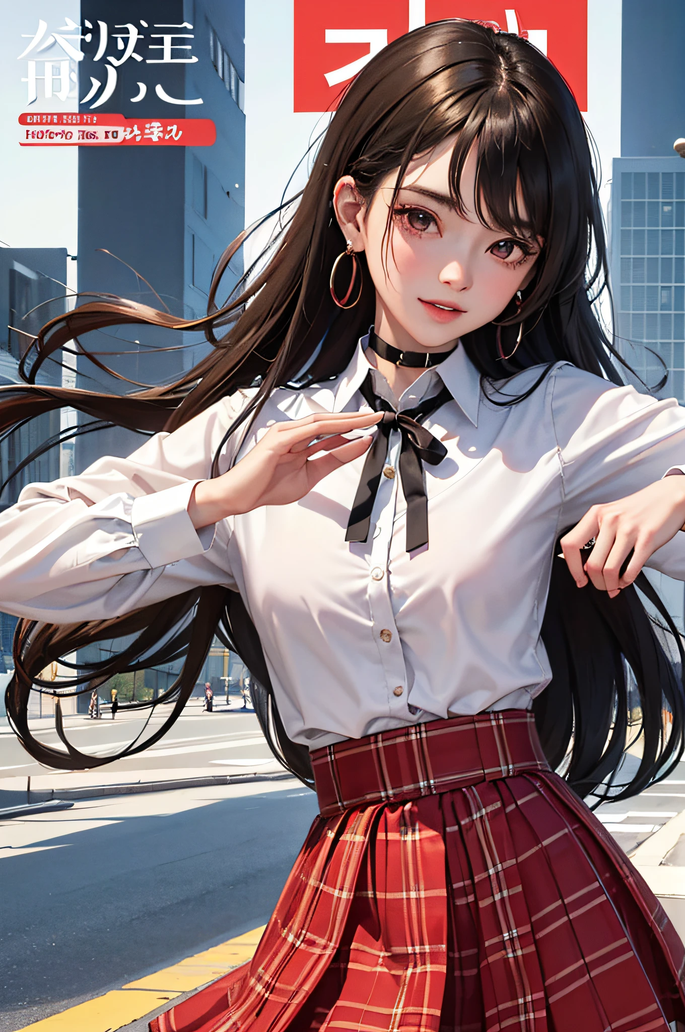 masterpiece, top-quality, full body Esbian, 1girl in, bangss, Black Choker, Black tie, Brown-haired hair, a blue skirt, red blush, A bracelet, breastsout, a choker, Clothing around the waist, 鎖骨, shirt with collar, cowboy shot, dress shirts, ear piercings, eyebrows visible through hair, gradation hair, Grinning, gals, jewely, Kogal, shorth hair, looking at the viewers, Loose tie, neck tie, piercings, Plaid, plaid skirts, pleatedskirt, red eyes, the ring, 校服, The shirt, skirt by the, A smile, 独奏, white shirt, a street, Skysky, cherry trees, flower petals,diagrams, (magazine:1.3), (cover-style:1.3), Fashionable, femele, with a vibrant, outfits, the pose, the front, Colorful, Dynamic, Background with, element, self-assured, expresive, ngel, statement, accessorized, An majestic, coil, surroundings, Touch, The scene, Texto, covers, It's bold, captures the attention, Titles, Stylish, Font, It's catchy, headline, The large, Impressive, moderno, Trendy, Focus, lo fashion,