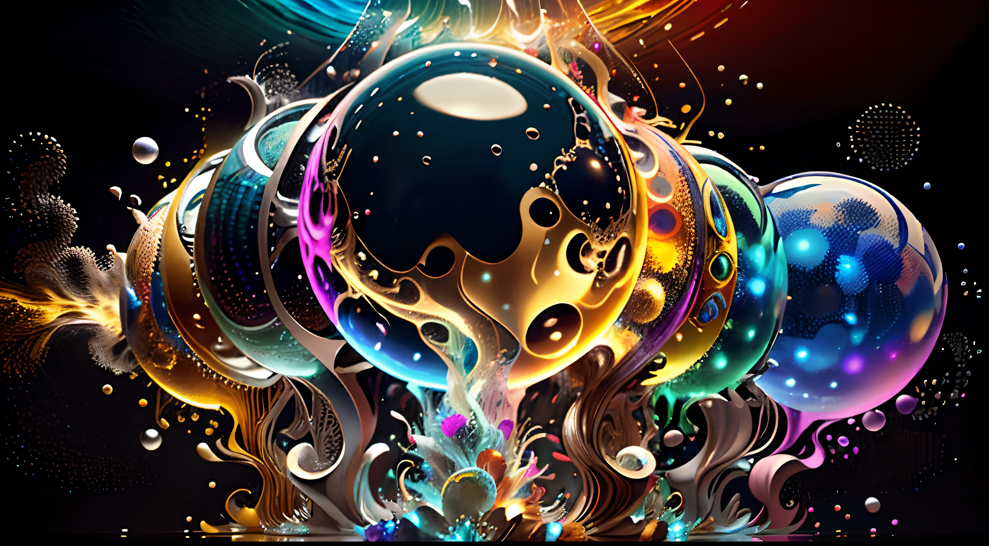 Obra de Arte abstracto multicolor en movimiento.Arte de Alberto Severo. Un primer plano de chorros y corrientes de metales preciosos fundidos que chocan entre si y forman , inmensas cantdades de gotas multicolores y chorros metalicos de oro, plata, cobre mercurio, que burbujean ,explotan ,remolinean y fluyen y ocupan todo el espacio, nubes de fluidos de colores metalicos dorados, plateados, cobrizos brillantes y tornasolados,burbujas tornasoladas, ,remolinos de gotas tornasoladas que giran y escapan.Crea una fascinante obra de arte abstracta con un enfoque en la fluidez y el movimiento. Utilice una paleta de colores rica y diversa, Blend tones seamlessly to evoke a sense of continuous movement, Background of psychedelic fuids in motion. Arte de los fluidos en movimiento