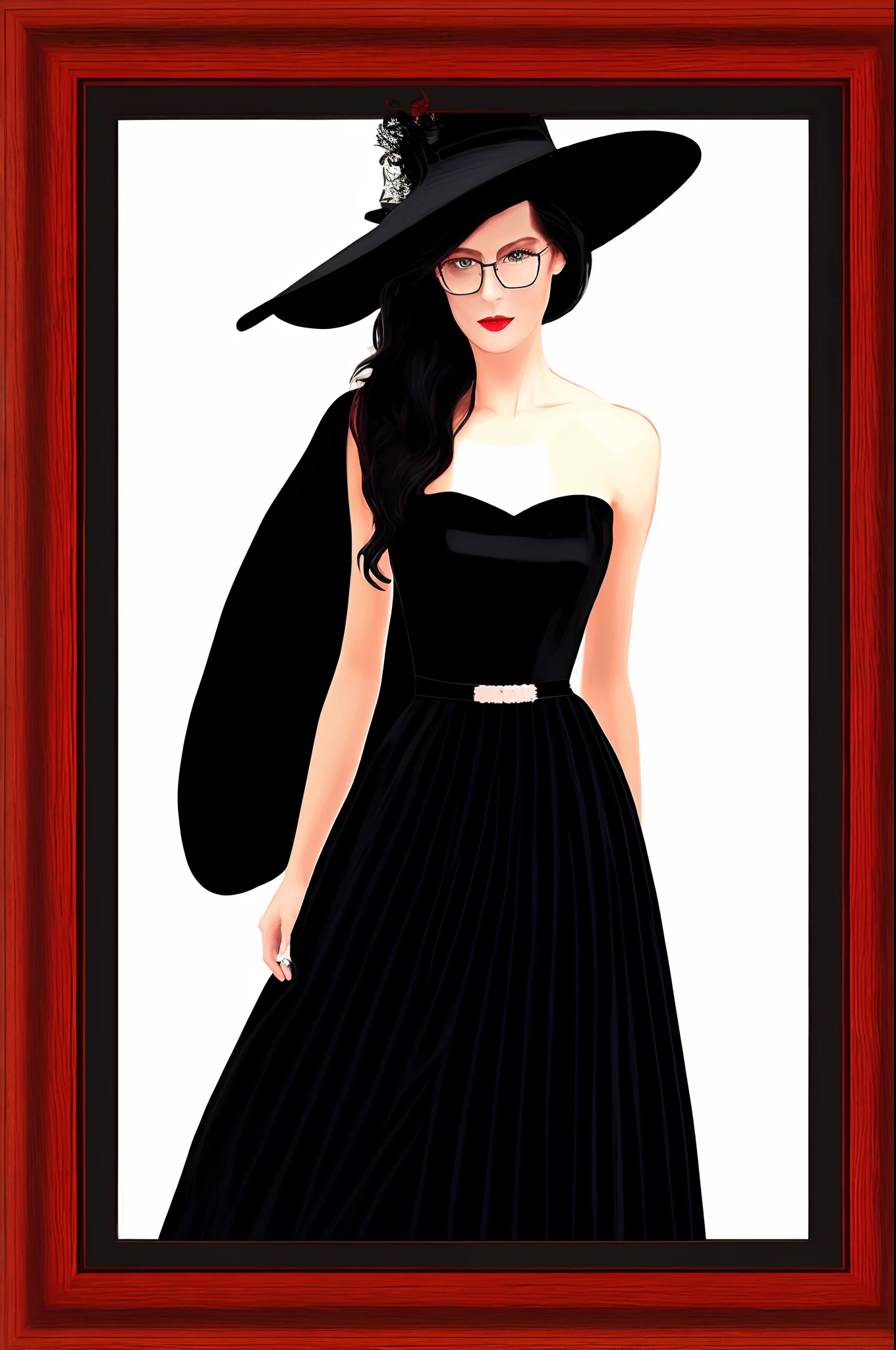 Dressed in a long red pleated evening dress,Woman wearing a large black hat,She has long black hair,White woman wearing a pair of black-framed glasses