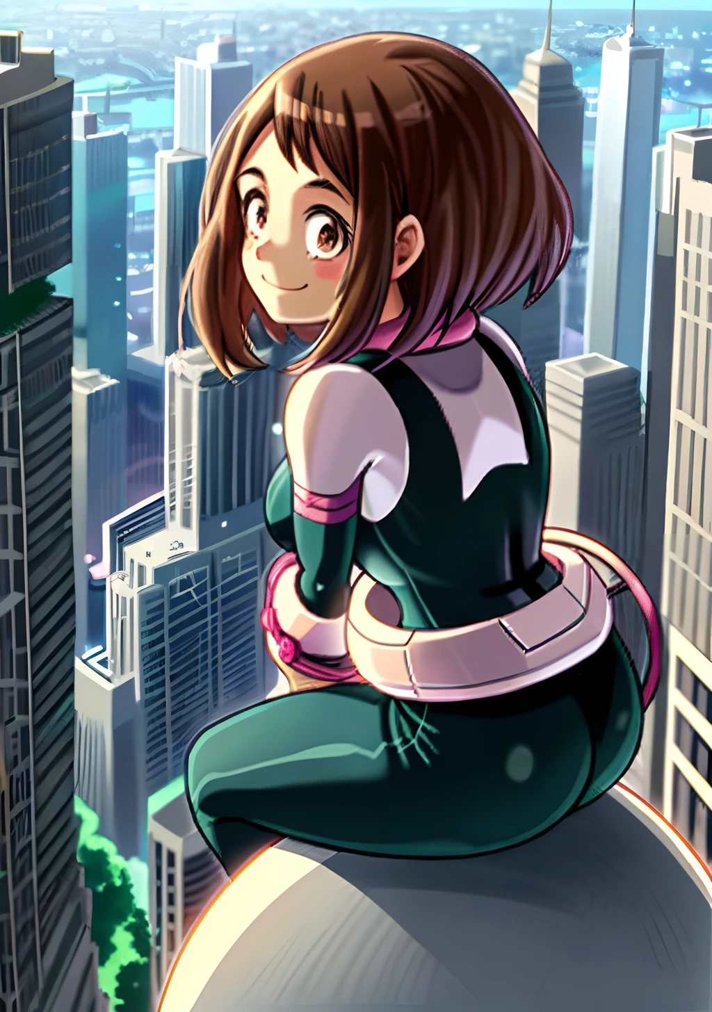 [ochako uraraka; Boku no hero academia], ((high quality)), ((solo portrait)), ((back view)), ((full body)), ((HD)), ((anime)), ((Kohei Horikoshi)), ((detailed shading)), ((intricate details)), {ochako, (rosy cheeks), big round brown eyes, short brown hair, short eyelashes, large boobs, (curvaceous hips), (beautiful lips), (blushing), (cute smile)}, {(hero costume), (bodysuit)}, {(standing), (on top of skyscraper), (looking back)}, [Background; (blue sky), (city), (skyscrapers)]