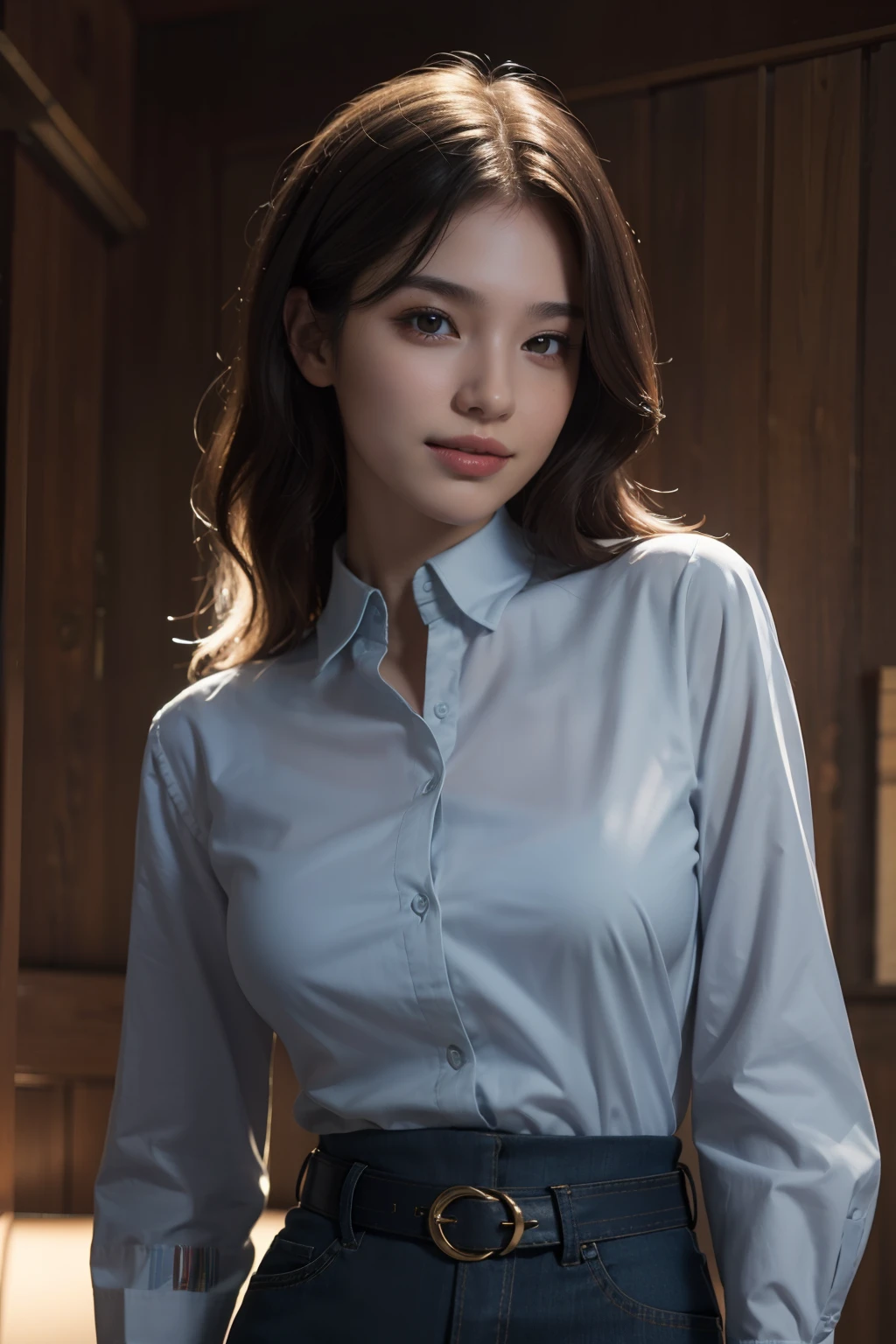 best quality, masterpiece, (photorealistic:1.4), 1girl, light smile, shirt with collars, waist up, dramatic lighting, from below