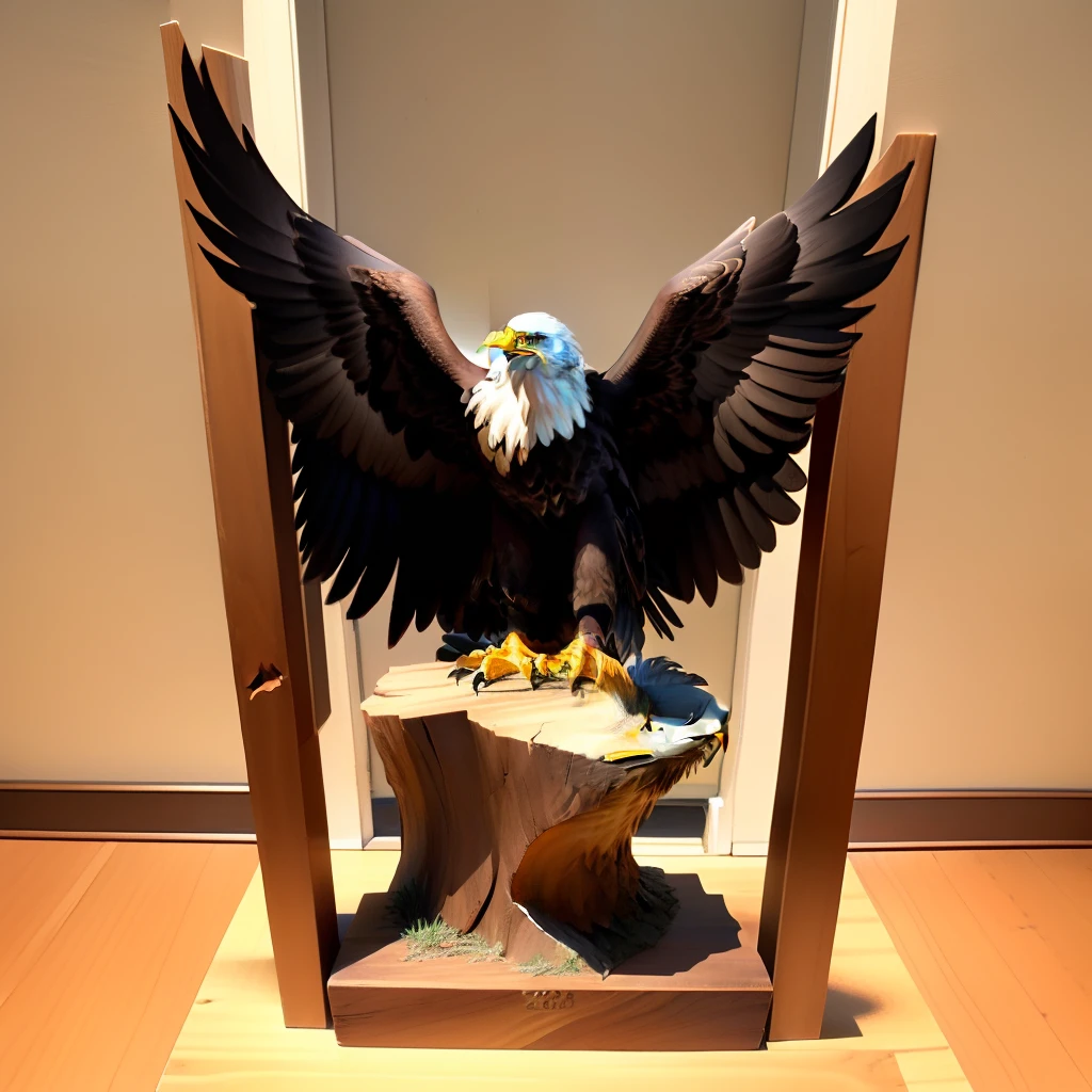 A bald eagle statue carved in wood