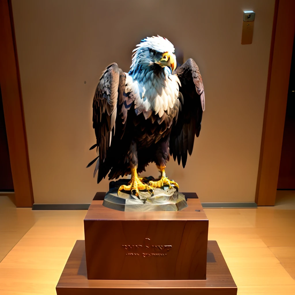 A bald eagle statue carved in wood