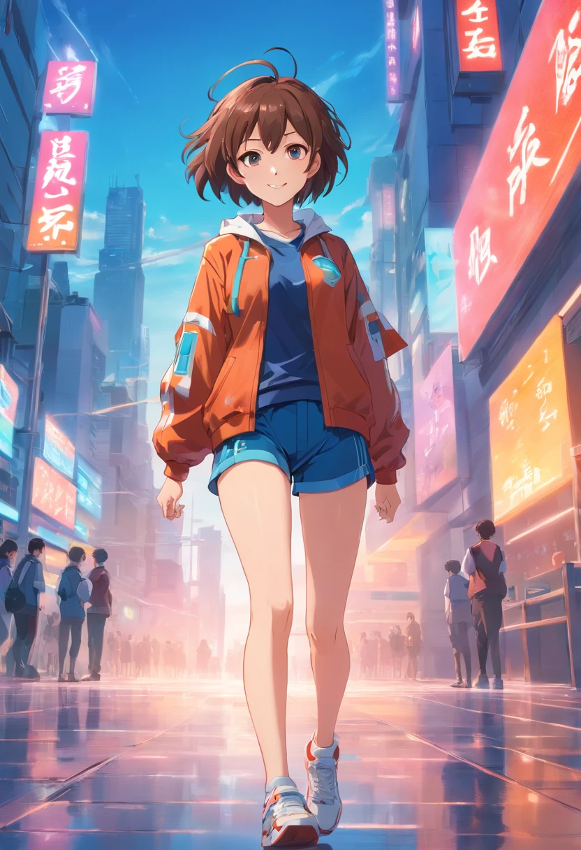 best qualtiy，ighly detailed，tmasterpiece，ultra - detailed，1boy，Full body like，symple background，red Sky Background，Elaborate Eyes，brown-brown hair，Blue colored eyes，white soft long legs，short detailed hair，Lively and cheerful，female high-school student，Eye of the Water Spirit，White skin and hansome appearance, Laughter，grin face，Modern style，Sporty，cyberpunk wear