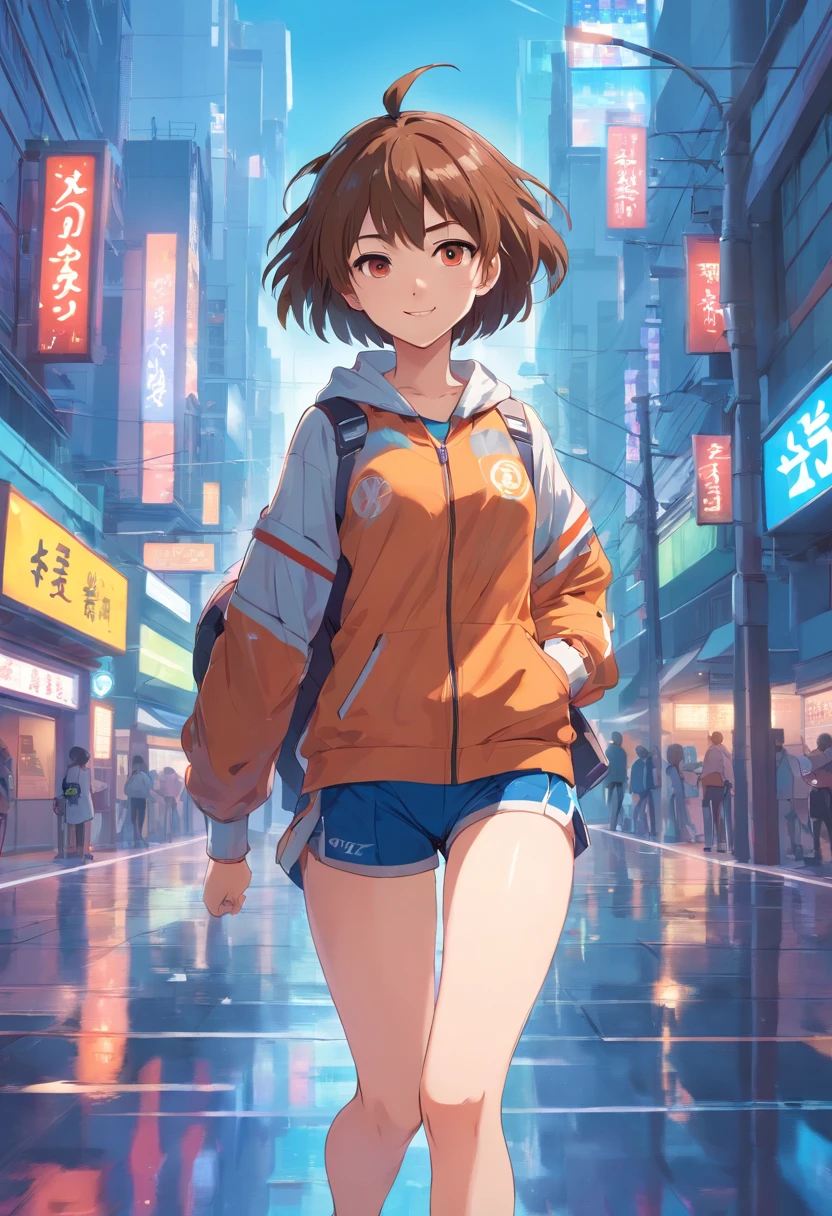 best qualtiy，ighly detailed，tmasterpiece，ultra - detailed，1boy，Full body like，symple background，red Sky Background，Elaborate Eyes，brown-brown hair，Blue colored eyes，white soft long legs，short detailed hair，Lively and cheerful，female high-school student，Eye of the Water Spirit，White skin and hansome appearance, Laughter，grin face，Modern style，Sporty，cyberpunk wear
