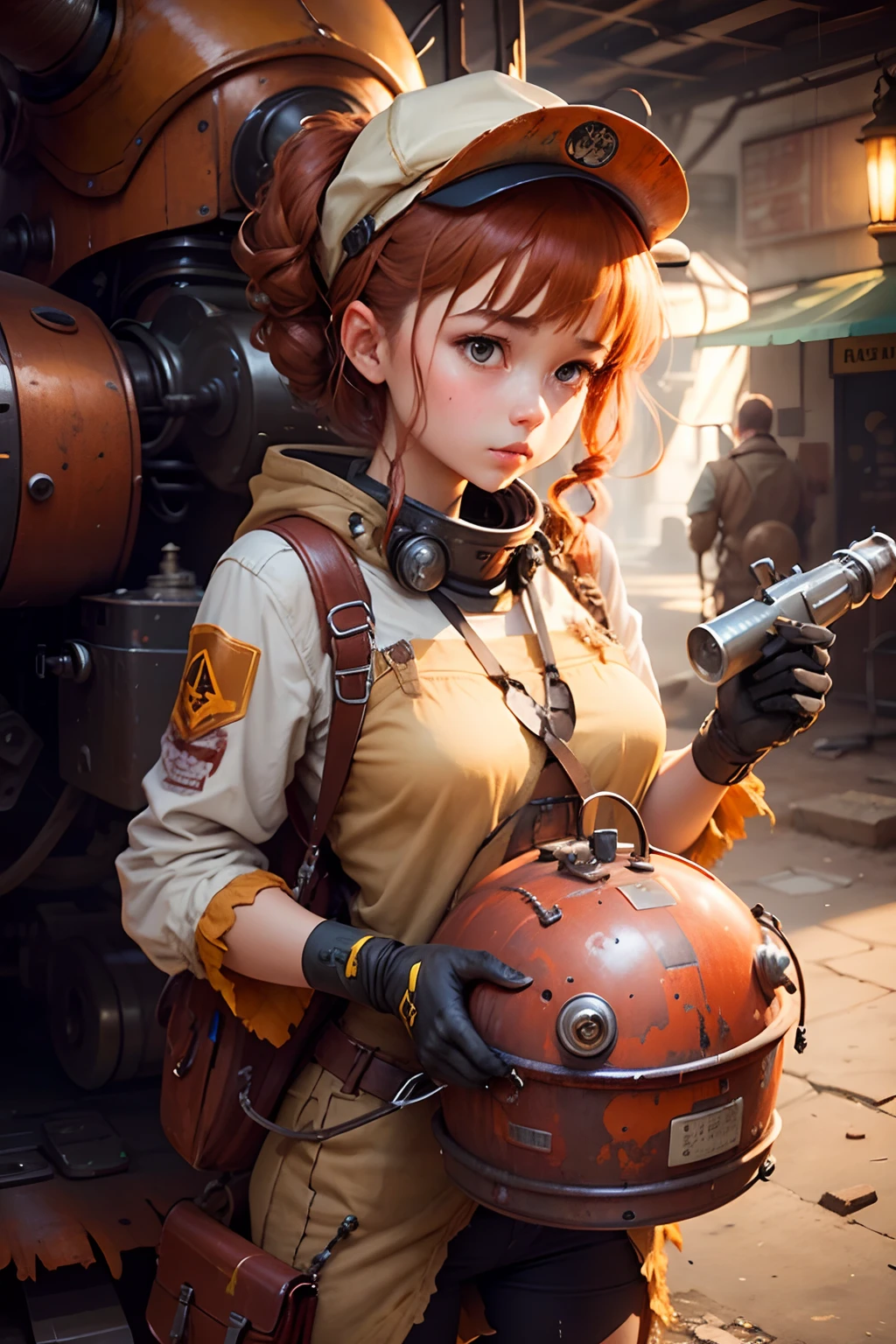 A girl is polishing a rusted vintage mecha