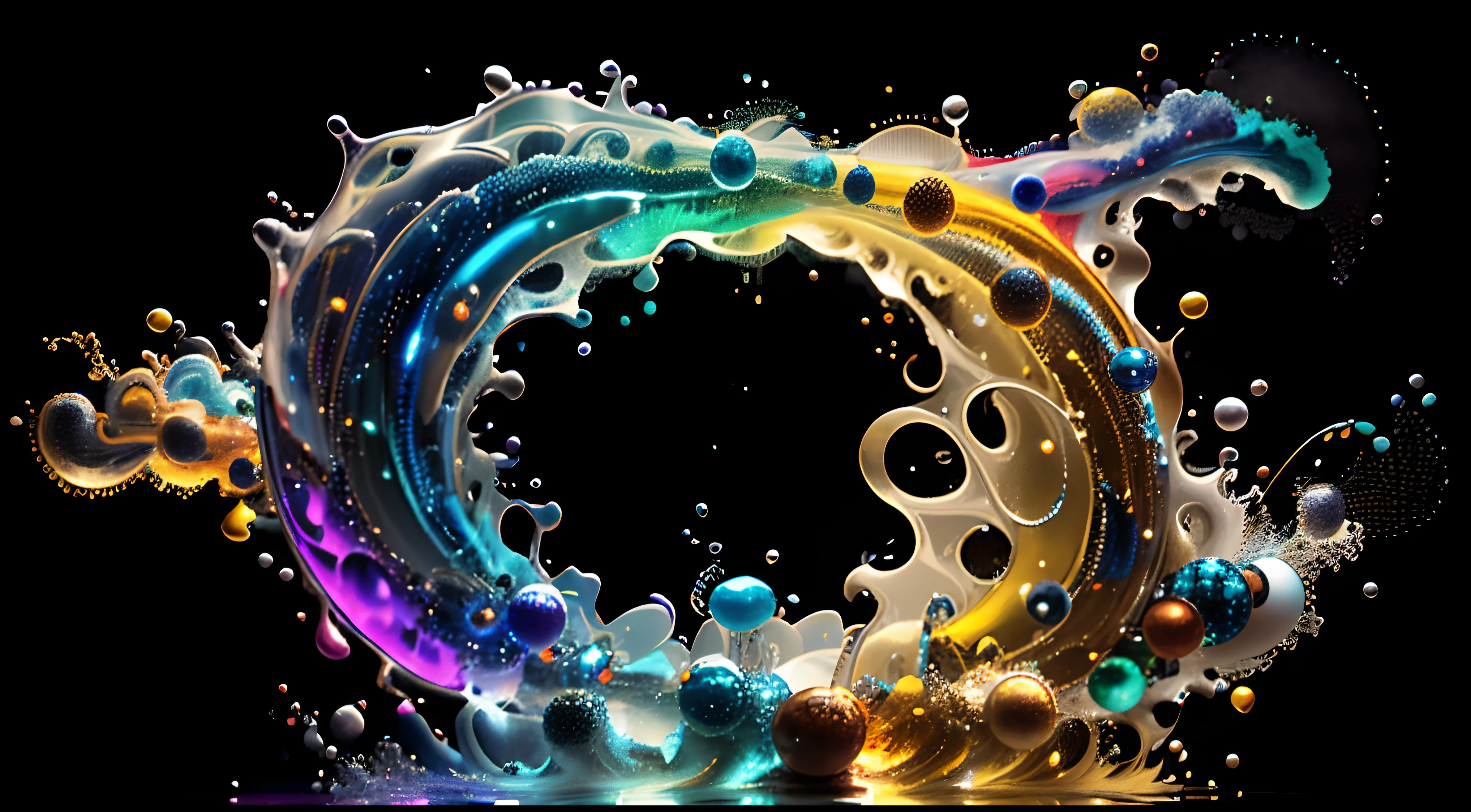 Obra de Arte abstracto multicolor en movimiento.Arte de Alberto Severo. Un primer plano de chorros y corrientes de metales preciosos fundidos que chocan entre si y forman , inmensas cantdades de gotas multicolores y chorros metalicos de oro, plata, cobre mercurio, que burbujean ,explotan ,remolinean y fluyen y ocupan todo el espacio, nubes de fluidos de colores metalicos dorados, plateados, cobrizos brillantes y tornasolados,burbujas tornasoladas, ,remolinos de gotas tornasoladas que giran y escapan.Crea una fascinante obra de arte abstracta con un enfoque en la fluidez y el movimiento. Utilice una paleta de colores rica y diversa, Blend tones seamlessly to evoke a sense of continuous movement, Background of psychedelic fuids in motion. Arte de los fluidos en movimiento