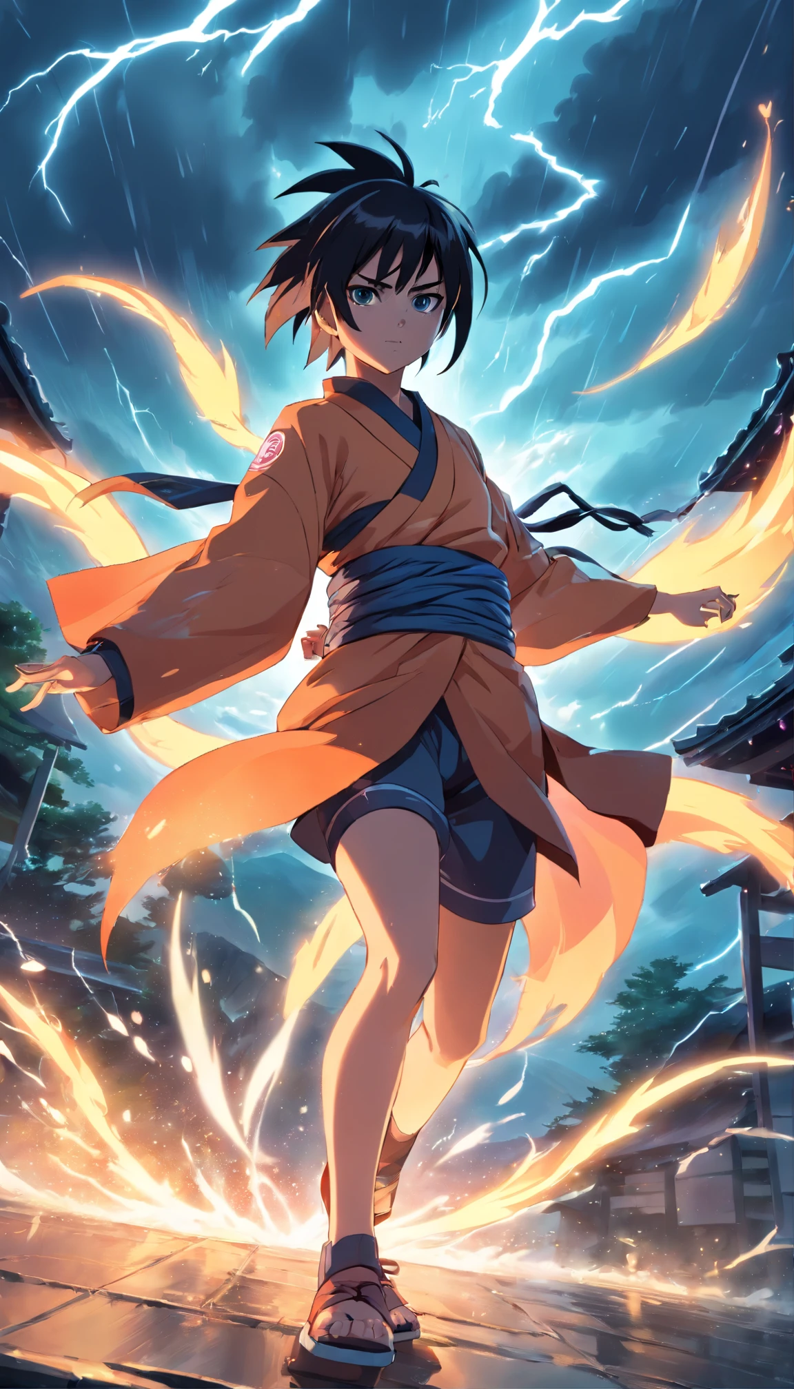 Naruto, nine-tailed fox,illustration,vivid colors,highres,ultra-detailed,studio lighting,masterpiece:1.2,portraits,action-packed,anime,sharp focus,dramatic pose,intense expression,energy effects,battle scene,fiery eyes,whirlwind of leaves,Japanese landscape,blurred background,colorful palette,shading,physically-based rendering,bokeh,intense emotion,epic,ninja spirit,hidden village,hand signs,protective forehead band,iconic outfit,unique hairstyle,thunderstorm,stormy skies,ominous presence,transformation,ferocious power,speed and agility,complex backstory,adventure.
