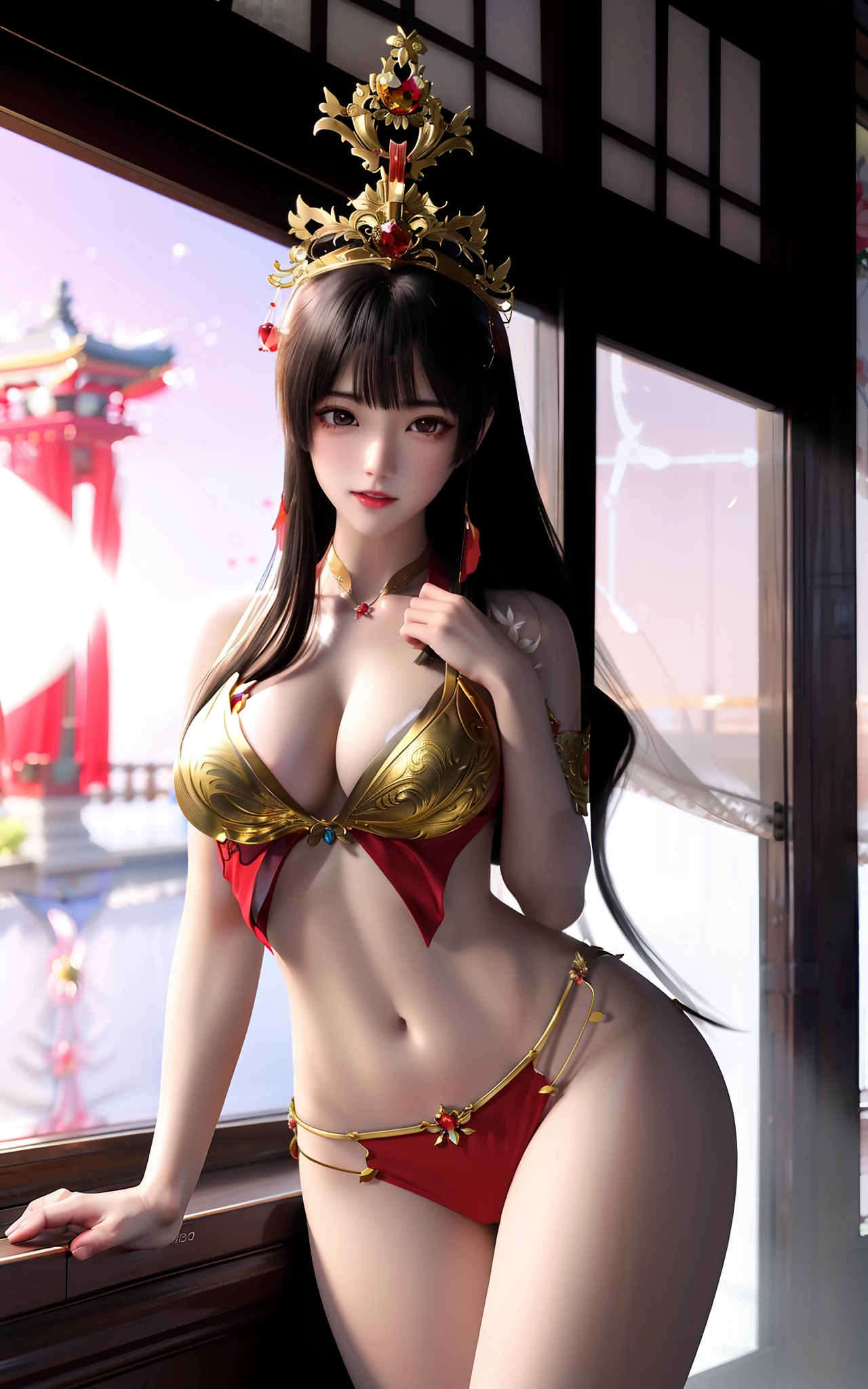 red bikinis，Silk material，ellegance，Unique charm，Graceful posture，Sexy lines，exquisite design，high-necked，fitted cut，Slender neck，As graceful as a swan，red colour，Warm and auspicious，Gold pattern，Gorgeous and luxurious，Golden decoration，Bright colors，Thin gold belt，Slim waist，Feminine beauty，Comely，Flowers with buds to be placed，Seduce the heart，Playful，Traditional charm，Modern fashion，Classical erotic appeal，Admiration and admiration，beautiful and seductive anime woman, seductive anime girls, Beautiful anime woman, Beautiful anime girl, Anime goddess, Guviz, a beautiful fantasy empress, ((a beautiful fantasy empress)), attractive anime girls, Guviz-style artwork, Smooth anime CG art, Japanese goddess,Close-up, bust chart