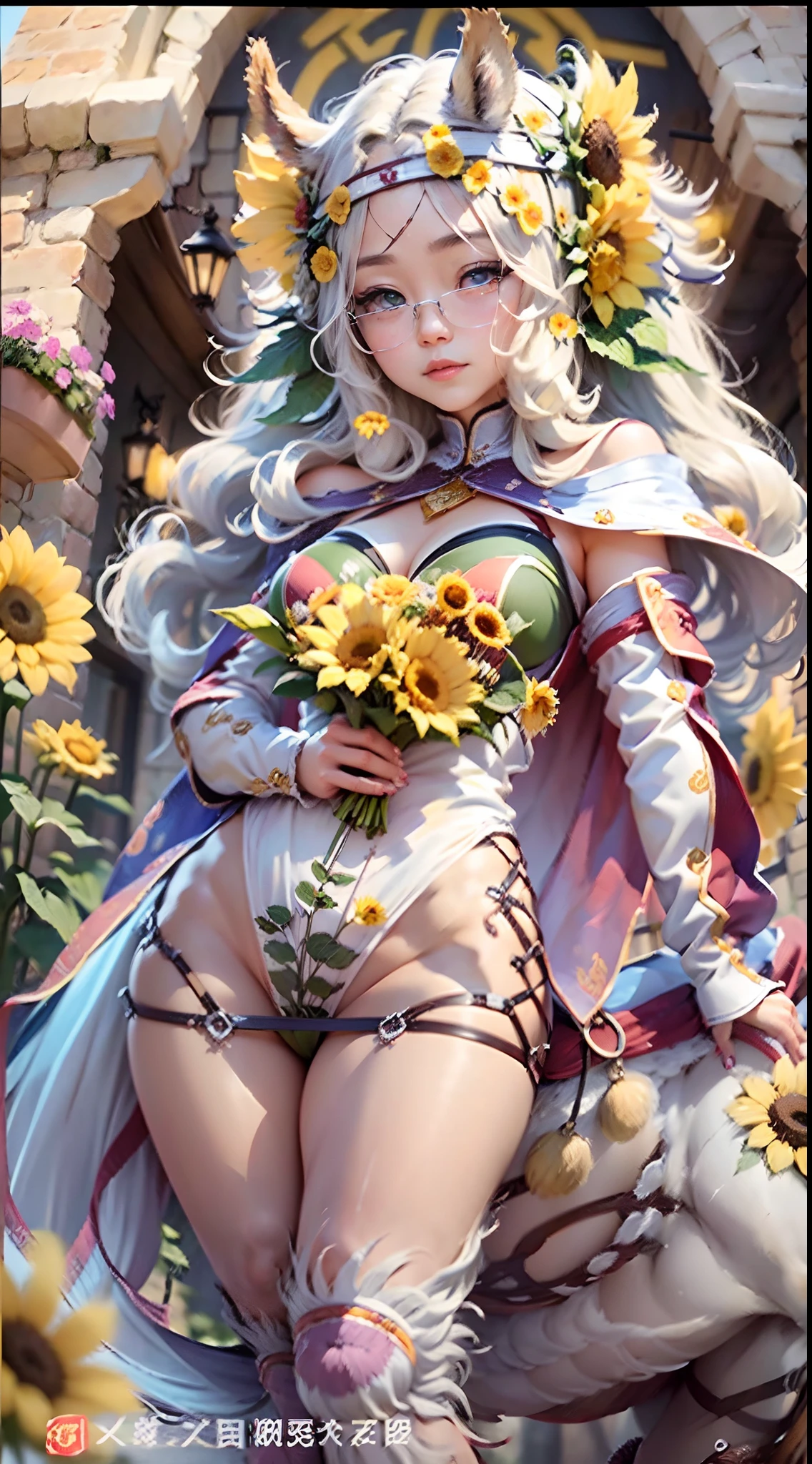 In a very grand scene,The extra-large wide-angle lens captures the appearance of a female centaur。She is a Sunflower Worship nun。She is tall,It has the ultimate curvy beauty,The muscles are slender and firm,Beautiful lines。She has(Super huge sky blue eyes:99.99),Always with sexy glasses。(She wears solemn nun attire:9.9),Stepping on a boot-style skyscraper-heel,A pink cross hangs from his chest。(In front of her is the world's only knitted sunflower potted plant with a super healing smile:99.99),This is the icon of God woven from high-grade yarn。Use Midjourney's advanced tools,Design noble and solemn nun costumes for female centaurs,and highlight her unique physiological characteristics and appearance details,Add realism。And in the context of her prayers and listening to confessions,Spectacular views of nature,Such as the sky where storms and sunny days alternate、Brilliant rivers of stars and auroras、The snow-capped summit of Mount Everest、Fireworks in the mountain town, etc。ao mesmo tempo,Away from the hustle and bustle next to the chapel,Create a fantastic scene。Use Midjourney's advanced tools and multiple color palettes、Brush Strokes、Texture tools and model packages,It shows a sense of atmosphere where beauty and charm coexist。The charm of the female centaur is highlighted through color and lines,Enhance realism with detailing,Create a surreal dreamy feeling。Additionally,Use Midjourney's tools to add various exorcism props and books to the female centaur、pergaminhos,Create intricate hairstyles and outfits,Give her a sense of premium。She never flinches,No matter what monster you encounter,can respond quickly,Even the most extreme armies of natural disasters and monsters could not stop her and her front(The only sunflower in the picture with the Tyndall effect exuding sunlight:999.9)。Use Midjourney's powerful tools,You can do it with incredible detail and beauty,Bring this ultra-grand and beautiful scene to life。Ultra-grand scenes,super wide shot, hdr,(真实感,Masterpiec