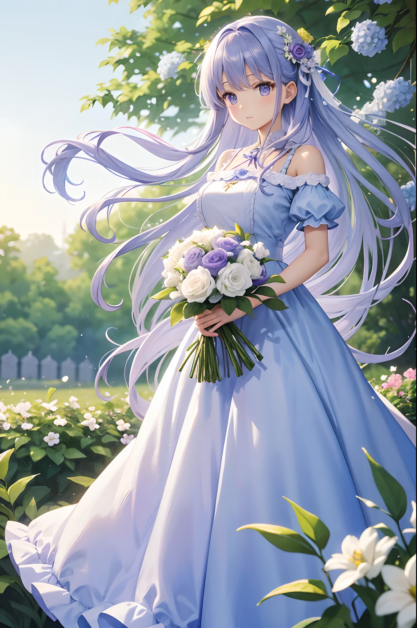 masterpiece、top-quality、illustratio、Extremely high quality、high-level image quality、Extremely sensitive writing)Light blue long-haired girl standing in beautiful flowery garden、She has a large bouquet、Cute traditional costume style purple and white dress with ruffles on the shoulders、Hair fluttering in the wind