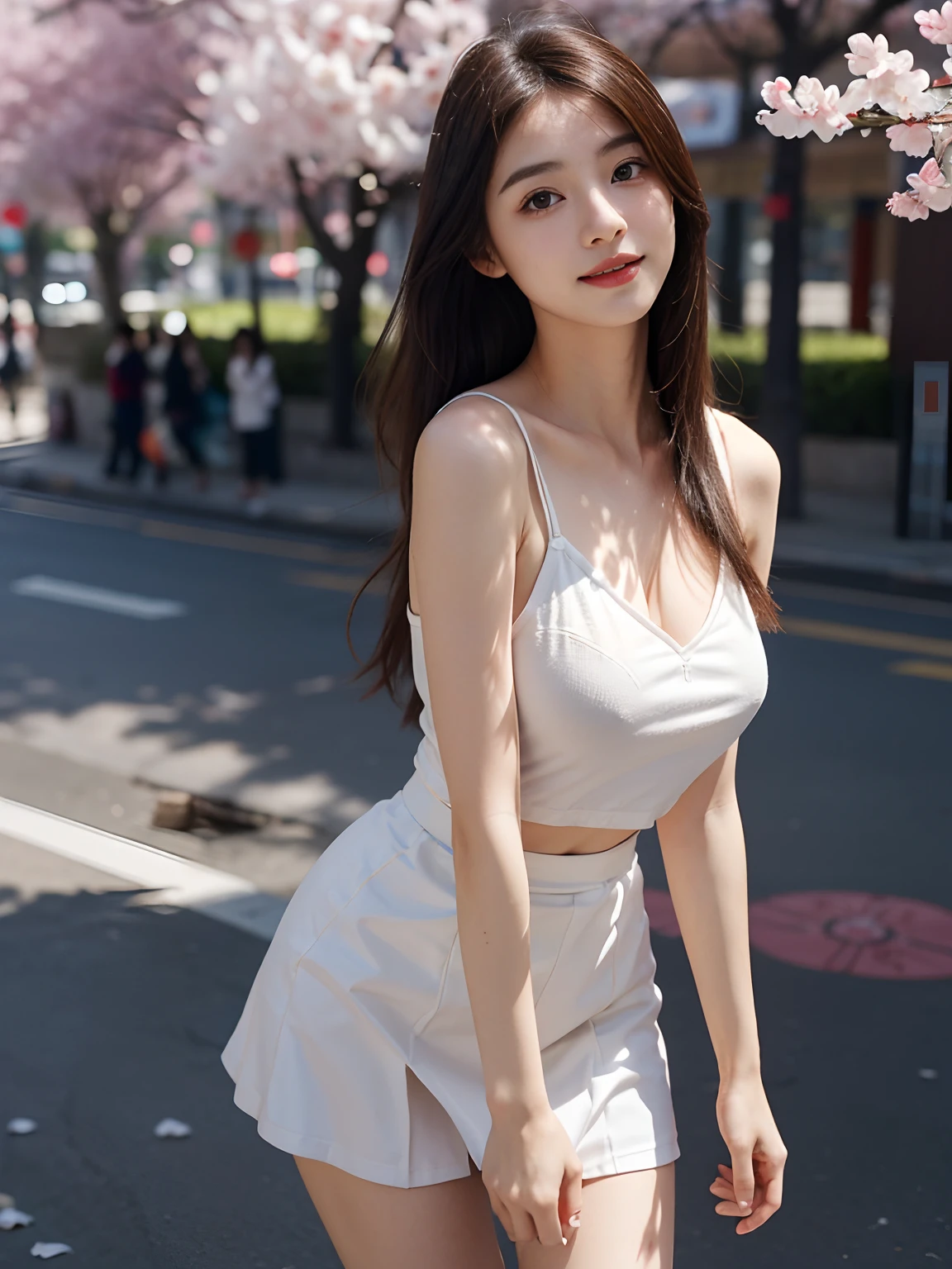 best qualtiy,tmasterpiece,超高分辨率,(真实感:1.4),RAW photogr,1girll,long whitr hair,Face Highlighting,Pure,Girly,Flushing,18yr old,18-year-old smiling female classmate,Pure,Innocent,(best qualtiy,8K,tmasterpiece:1.3),Goose egg face,largeeyes,long eyelasher,Exquisite(live-action realistic style),Star-like eyes,Ultimate face,Photorealistic light and shadow,Clear facial features,Milky white skin,Fair skin, highdetailskin, Realistic skin details, Visible Pore,(Super detail),(perfect bodies:1.1),long whitr hair,(dynamicposes),((Dynamic background((volumettic light:1.3)),huge tit,Sakura blossoms,Short skirt that wraps around the hips,liberta,Dashing,long leges,Shunguang,Street photography