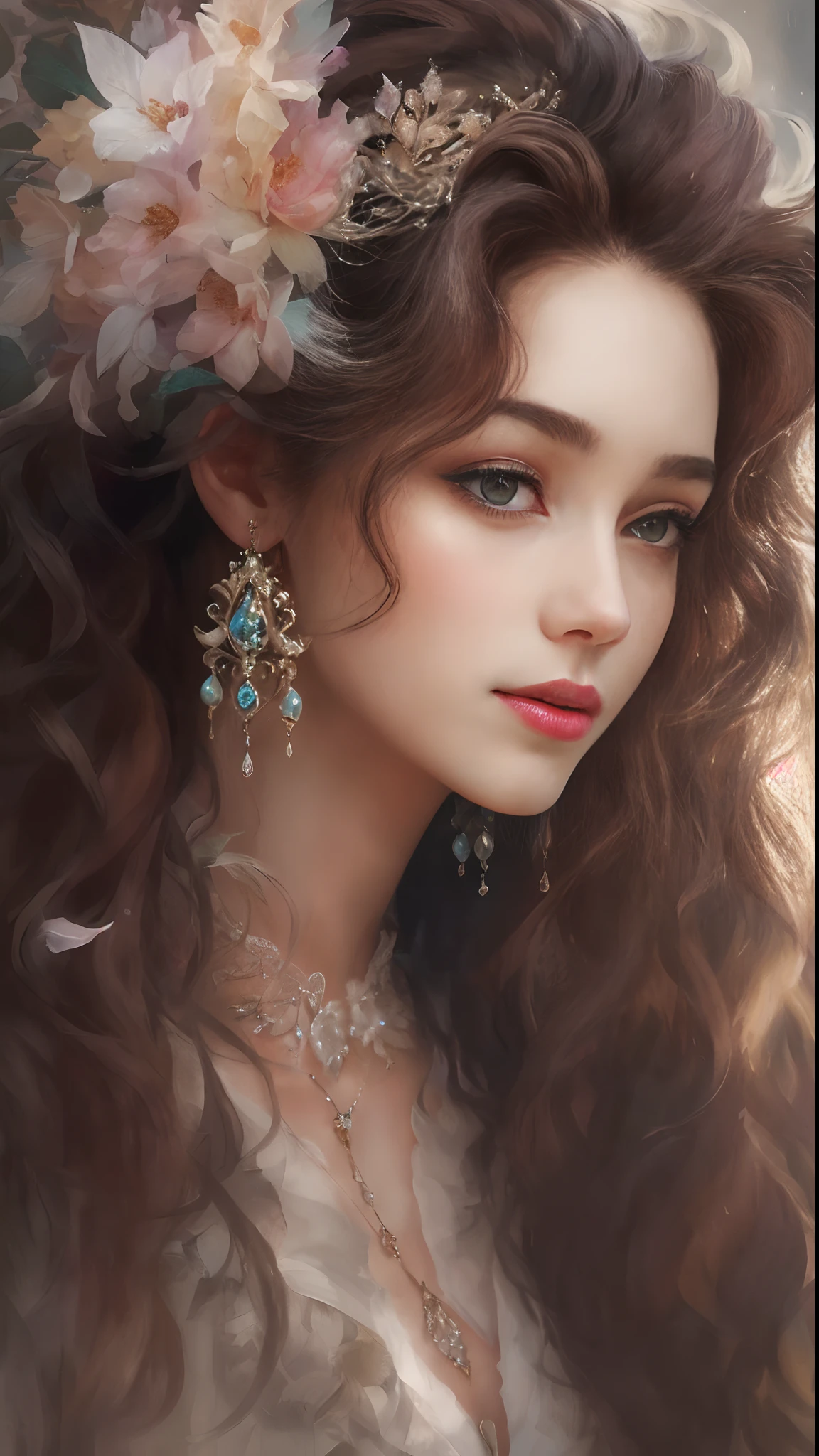 (Best quality, 4K, 8K, A high resolution, Masterpiece:1.2), Ultra-detailed, Realistic portrait of an aristocratic girl around 20 years old, Exquisite facial features,Long dark brown curly hair details expressed, The posture is leisurely and natural,Graceful posture, Dreamy atmosphere, expressive brush strokes, mystical ambiance, Artistic interpretation,Delicately coiled hair,Floral jewelry with exquisite details, Crystal diamond jewelry,Small fresh aesthetics,Stunning intricate costumes, Fantasy illustration, Subtle colors and tones, mystical aura,The details have been upgraded