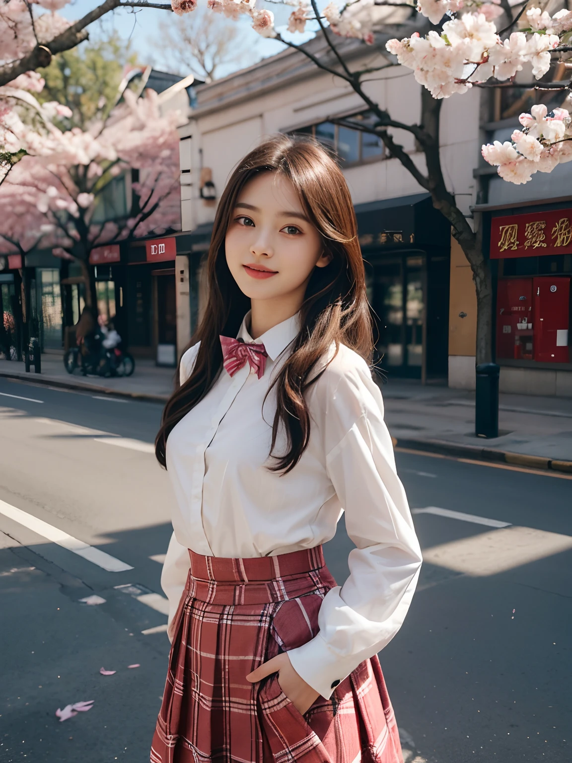 best qualtiy，tmasterpiece，超高分辨率，（真实感：1.4），RAW photogr，1girll，long whitr hair，Face Highlighting，Pure，Girly，Flushing，18yr old，18-year-old smiling female classmate，Pure，Innocent，（best qualtiy，8K，tmasterpiece:1.3），Goose egg face，largeeyes，long eyelasher，Exquisite（live-action realistic style），Star-like eyes，Ultimate face，Photorealistic light and shadow，Clear facial features，Milky white skin，Fair skin， highdetailskin， Realistic skin details， Visible Pore，（Super detail），（perfect bodies：1.1），long whitr hair，（dynamicposes），((Dynamic background((volumettic light：1.3))，huge tit，Sakura blossoms，Plaid skirt that covers the hips，Plaid bow tie，white  shirt，liberta，Dashing，long leges，Shunguang，Street photography
