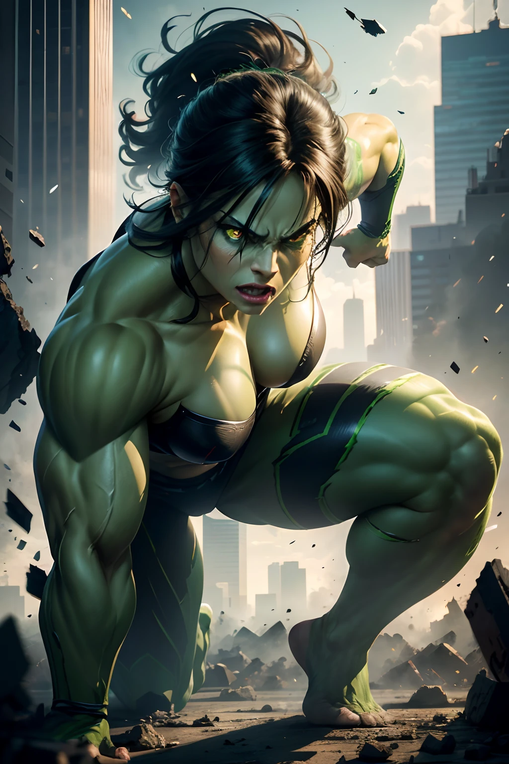 best quality,4k,8k,highres,masterpiece:1.2,ultra-detailed,(realistic,photorealistic,photo-realistic:1.37),beautiful detailed eyes,beautiful detailed lips,extremely detailed eyes and face,longeyelashes,1girl,green skin,fierce expression,strong muscular build,ripped clothes,lawyer,Marvel superheroine,emerald hue,glowing green eyes,smashing through walls,super strength,Angry Hulk face in the background,city skyline,hulk transformation,crumbling debris,epic battle,shattered glass,flying debris,studio lighting,colorful comic book style,superhero action,shadow and light interplay,contrasting colors,emotive art style