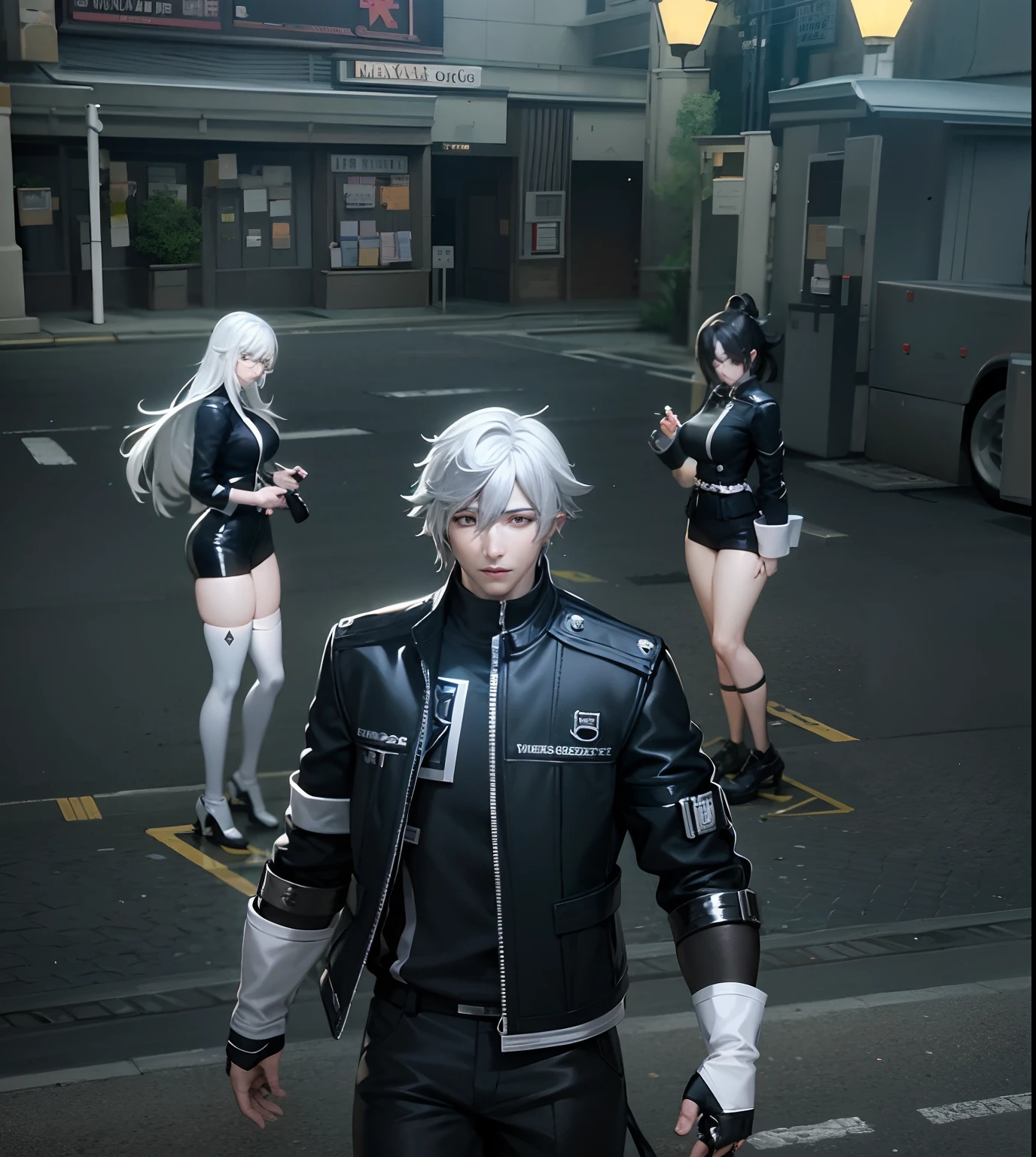 there is a man with a white hair and glasses standing in a street, thancred waters in style of wlop, thancred waters, many npcs on the streets, dead or alive 6, discarded mechsuit in background, style game square enix, he has dark grey hairs, 8 k character details, video game screenshot>