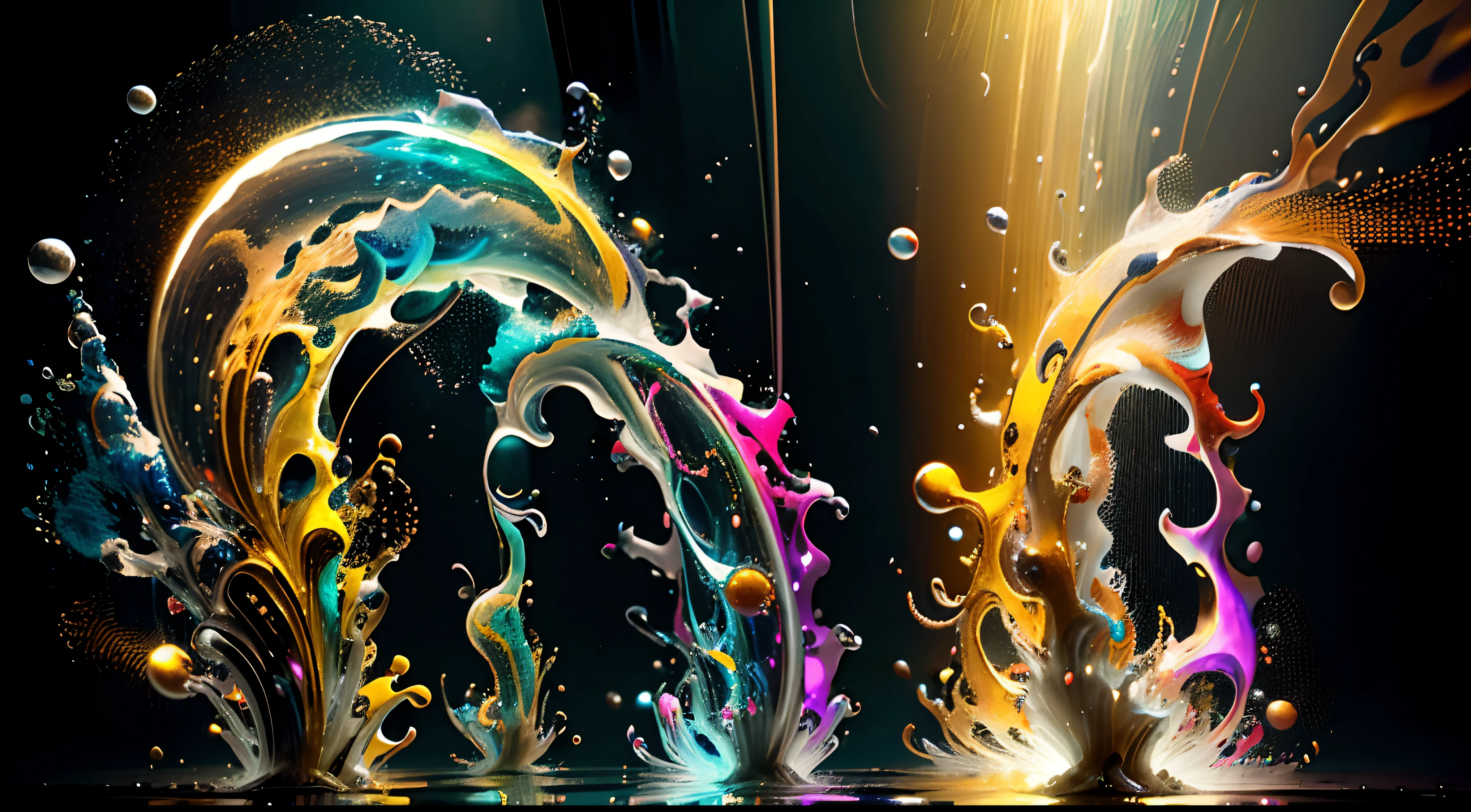 Obra de Arte abstracto multicolor en movimiento.Arte de Alberto Severo. Un primer plano de chorros y corrientes de metales preciosos fundidos que chocan entre si y forman , inmensas cantdades de gotas multicolores y chorros metalicos de oro, plata, cobre mercurio, que burbujean ,explotan ,remolinean y fluyen y ocupan todo el espacio, nubes de fluidos de colores metalicos dorados, plateados, cobrizos brillantes y tornasolados,burbujas tornasoladas, ,remolinos de gotas tornasoladas que giran y escapan.Crea una fascinante obra de arte abstracta con un enfoque en la fluidez y el movimiento. Utilice una paleta de colores rica y diversa, Blend tones seamlessly to evoke a sense of continuous movement, Background of psychedelic fuids in motion. Arte de los fluidos en movimiento
