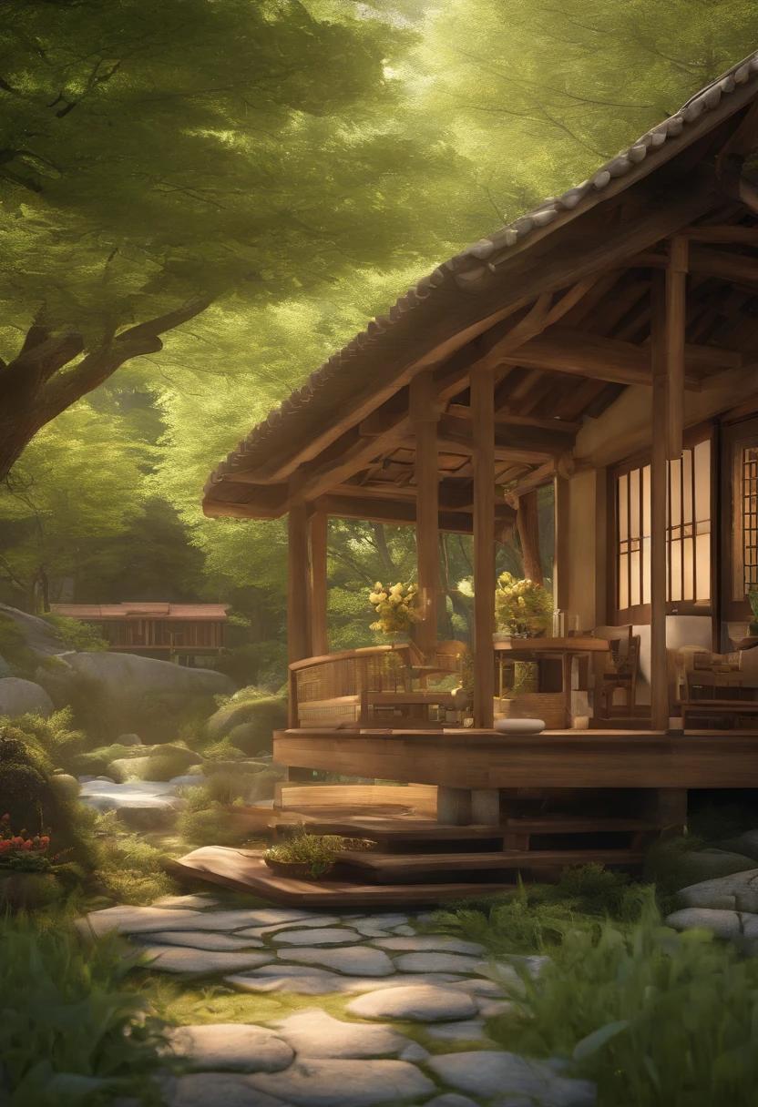 児童書:2.0、Illustrations for picture books、（（（oud:1.2 couples）、Japanese-style clothing、Sandals）、One-story log house、veranda、Sit side by side）、in woods、Lawn square