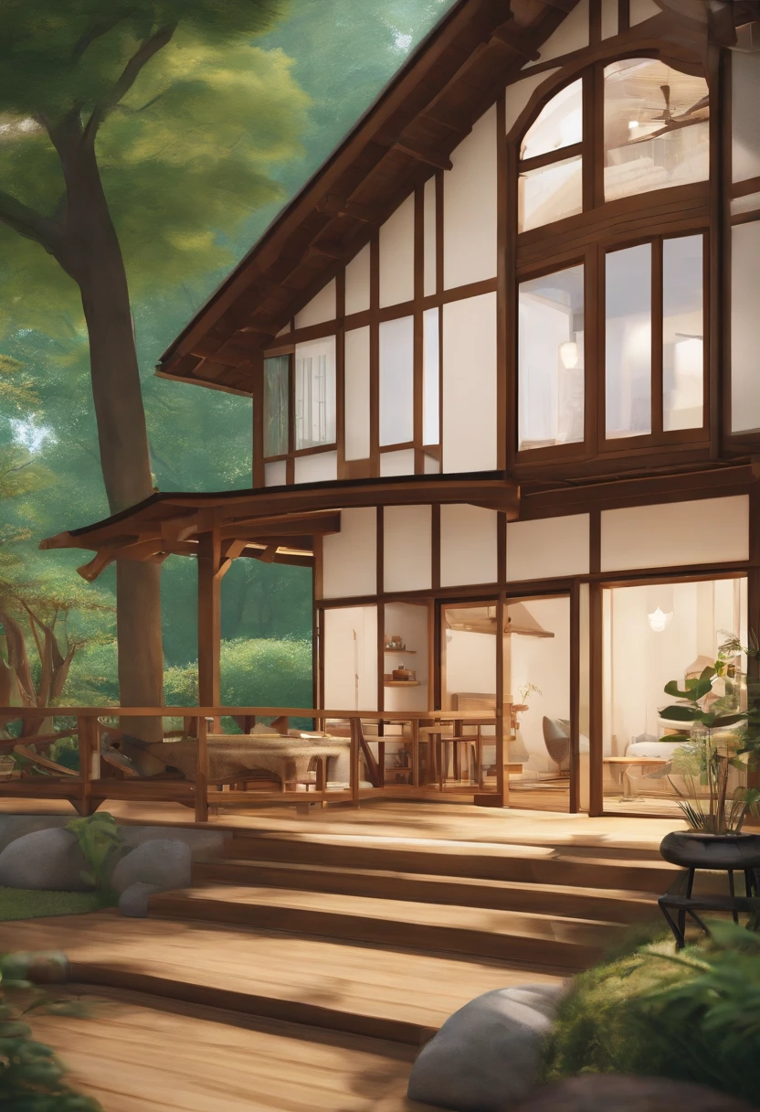 児童書:2.0、Illustrations for picture books、(((oud:1.2 couples)、Japanese-style clothing、Sandals)、One-story log house、veranda、Sit side by side)、in woods、Lawn square
