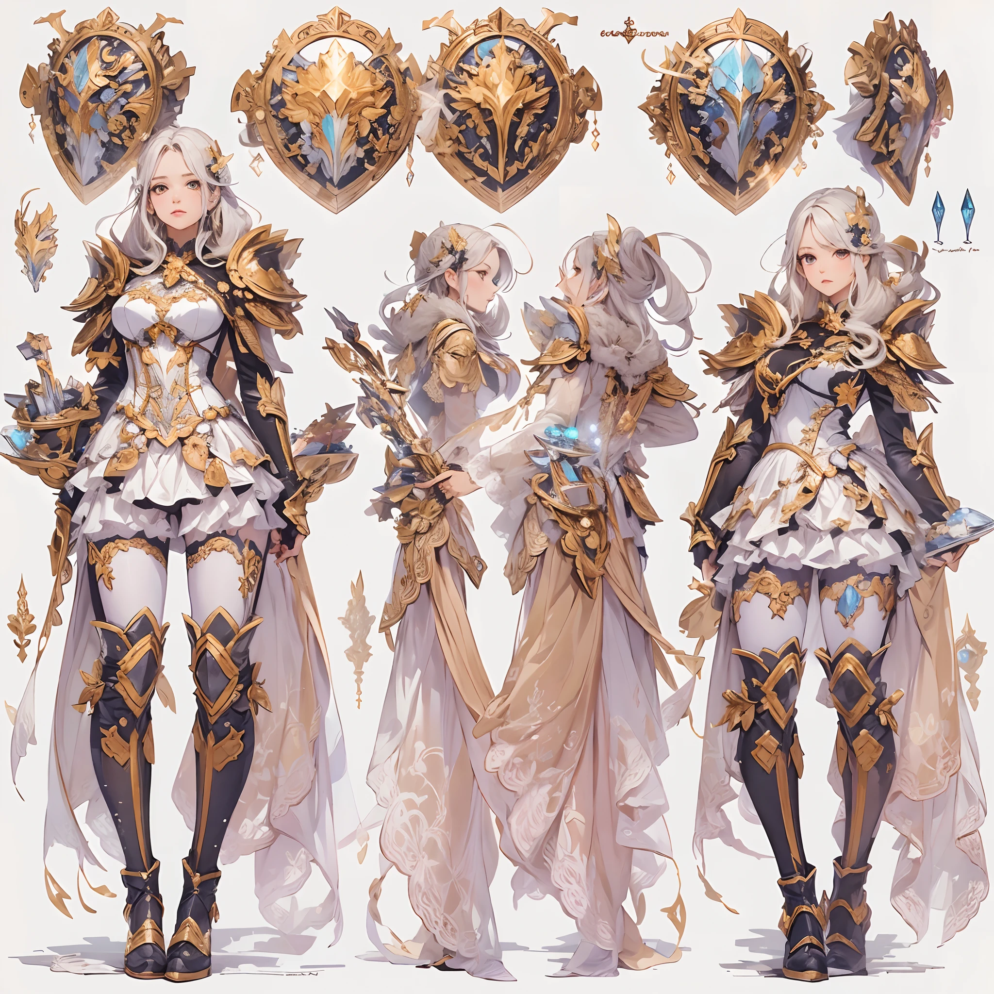 ((Masterpiece, Highest quality)), Detailed face, CharacterDesignSheet, full bodyesbian, Full of details, Multiple poses and expressions, Highly detailed, Depth, Many parts,white backgrounid,Beautiful paladin girl,Holding a shield,Extremely beautiful,Irridescent color,Seven colors,High Balance, Natural light, Lace,lacepantyhose,starrysky,Star decoration