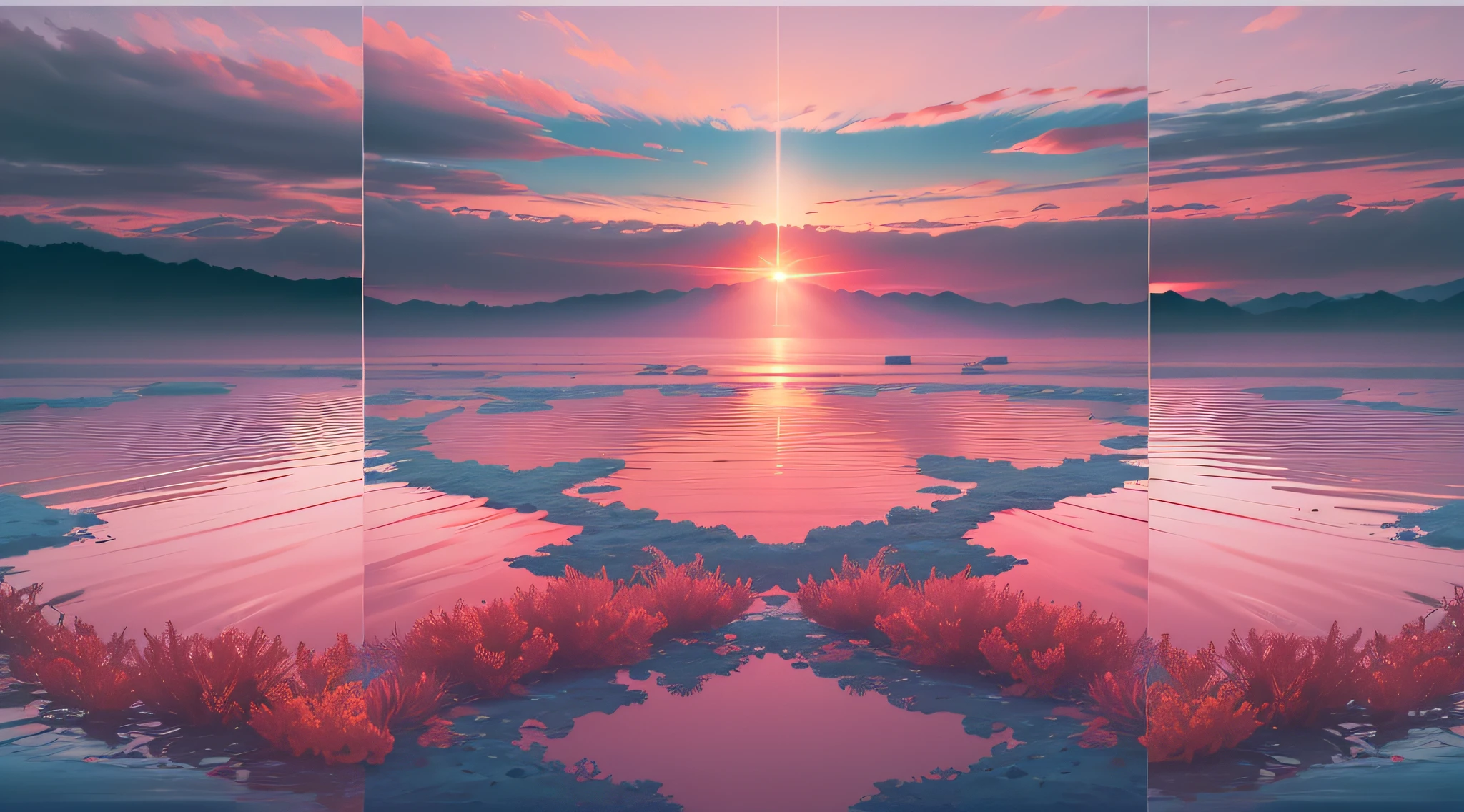 horizon ,sunrise, fire painting,transparent blue lake，pink coral,symmetric wide vision,bset quality