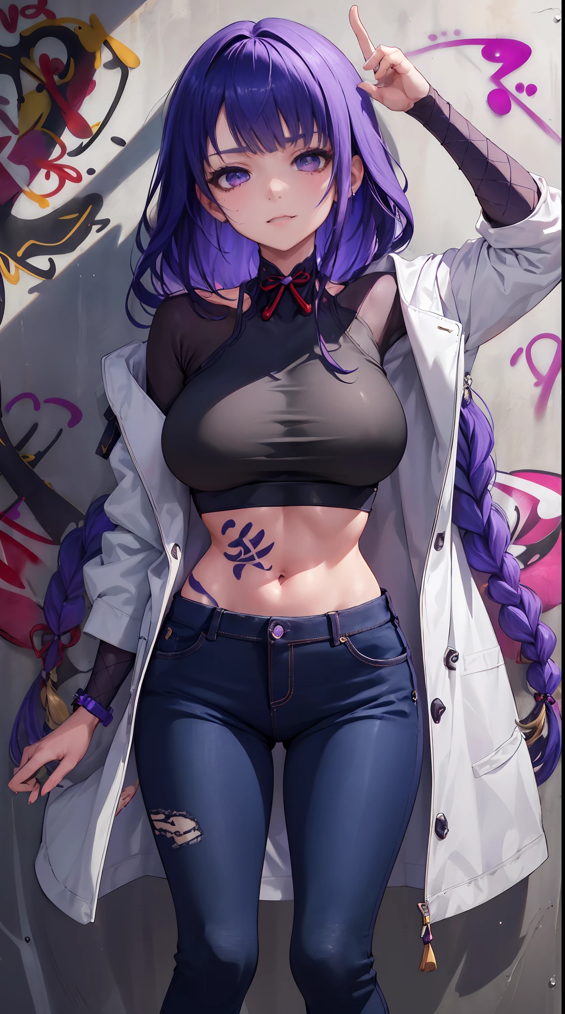 Kujou Sara Genshin Effect, masterpiece, bestquality, 1girls, bara, crop top, shorts jeans, choker, (Graffiti:1.5), color splashes, arm behind back, against wall, looking at the audience, bracelet, Thigh strap, Paint on the body............., Head tilt, bored, multicolored hair, water eyes, headset