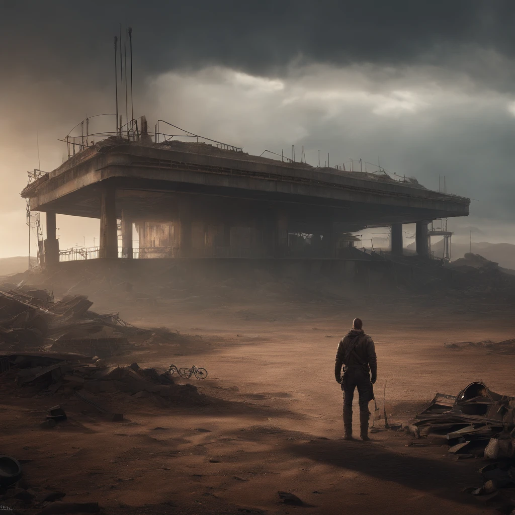 (((Post apocalyptic scenario, Desolate atmosphere, Dystopian landscape))) Postmodern wasteland punk style singer