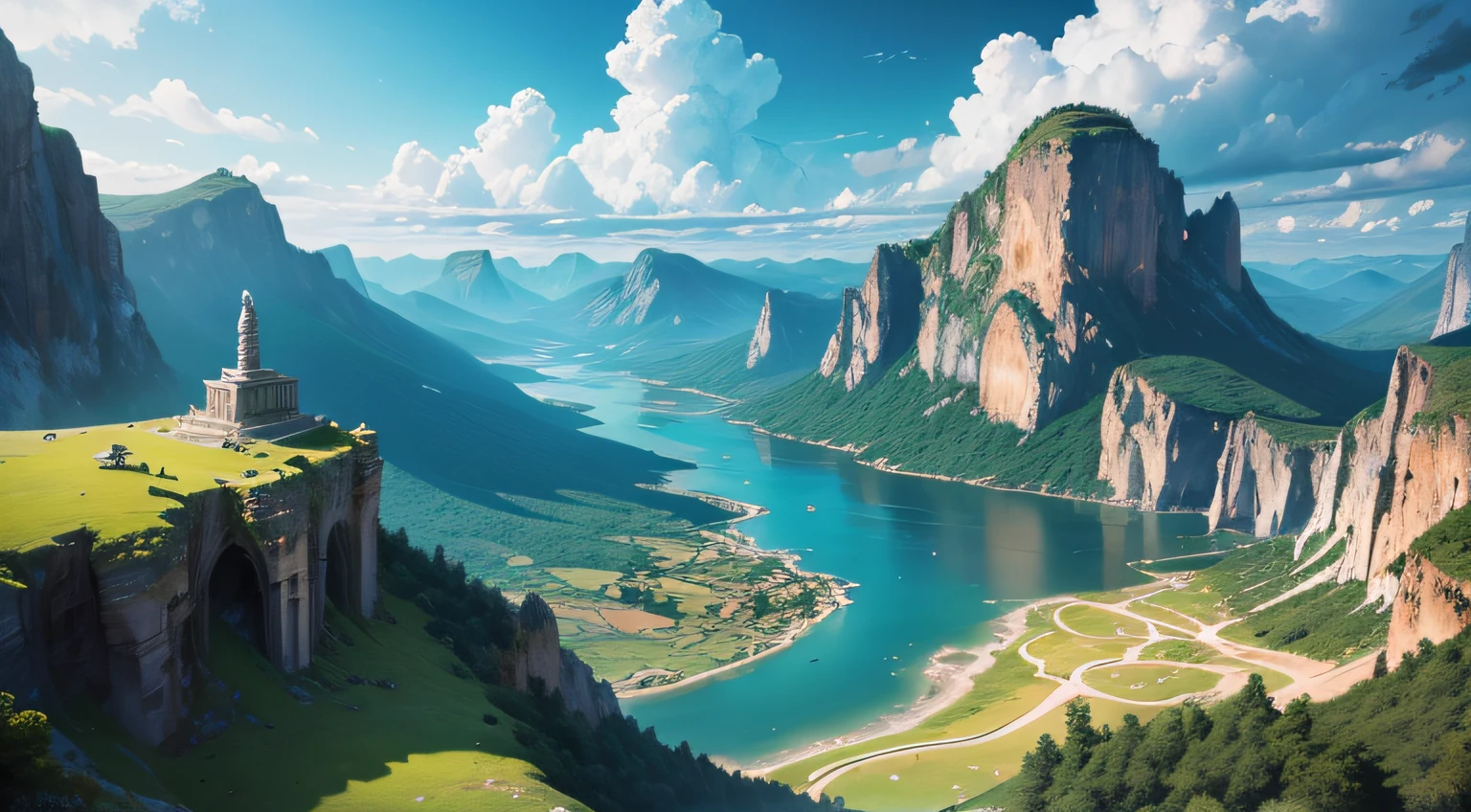 (highres:1.2),sweeping aerial shot,rugged mountains,jagged mountains,lush valleys,epic landscape,alternate-world landscape,ancient Greece vibes,majestic atmosphere,grandiose scenery,panoramic view,gorgeous terrain,dramatic cliffs,peaceful meadows,golden sunlight,mythical ambiance,surreal beauty,wilderness adventure,vast expanse,secretive caves,unexplored regions,majestic waterfalls,whispering rivers,majestic ruins,mysterious statues,mythical creatures,floating clouds,colorful flora and fauna,heroic statues,serene lakes,enchanted forests,ancient temples,historical ruins,divine architecture,vibrant colors,magical lighting,ethereal atmosphere,greco-roman style,awe-inspiring,spectacular shot