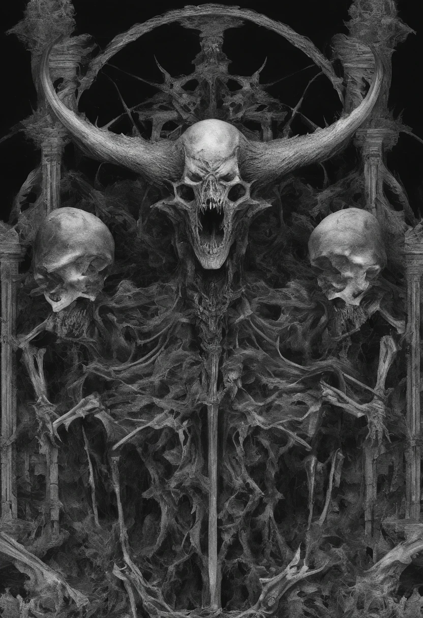 Devil's Horns，claws，Battle-ax，Creepy surroundings，sharp teeth，Berserk，full bodyesbian，powerful aura，A strong sense of oppression，Incredibly detailed，Red-eyed skeleton，The flames of hell are raging，Legion of skeletons，Ultra photo realsisim