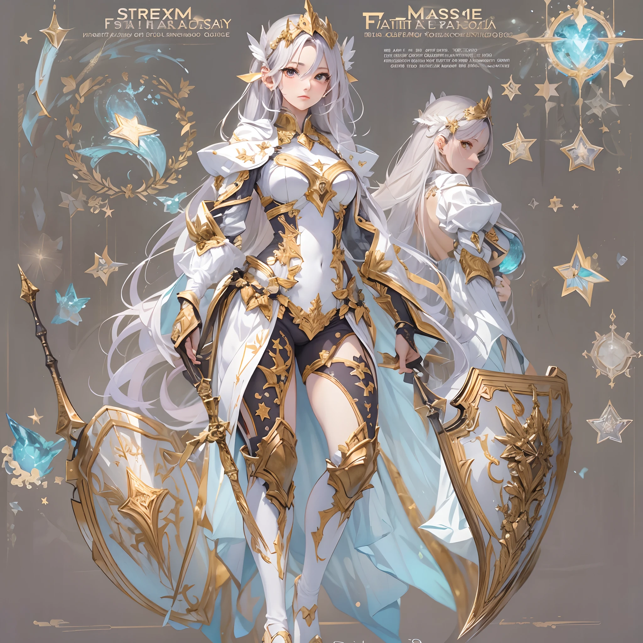 ((Masterpiece, Highest quality)), Detailed face, CharacterDesignSheet, full bodyesbian, Full of details, Multiple poses and expressions, Highly detailed, Depth, Many parts,white backgrounid,Beautiful paladin girl,estilo fantasia,Holding a shield,Extremely beautiful,Irridescent color,Seven colors,High Balance, Natural light, Lace,lacepantyhose,starrysky,Star decoration